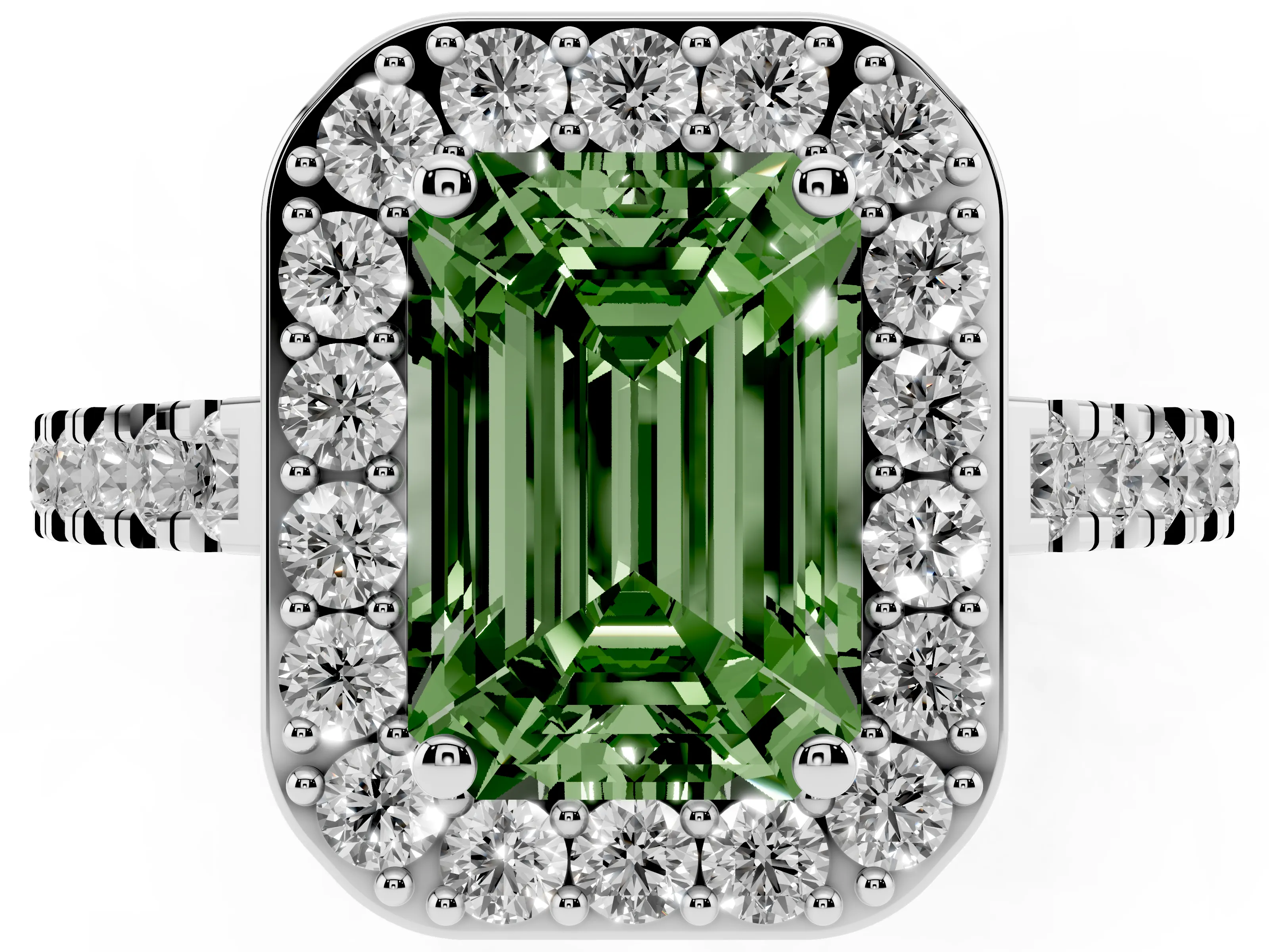 Fancy Green Emerald Cut Diamond Halo Ring Set in White gold with Round Pavé Split Shank and Prong Setting