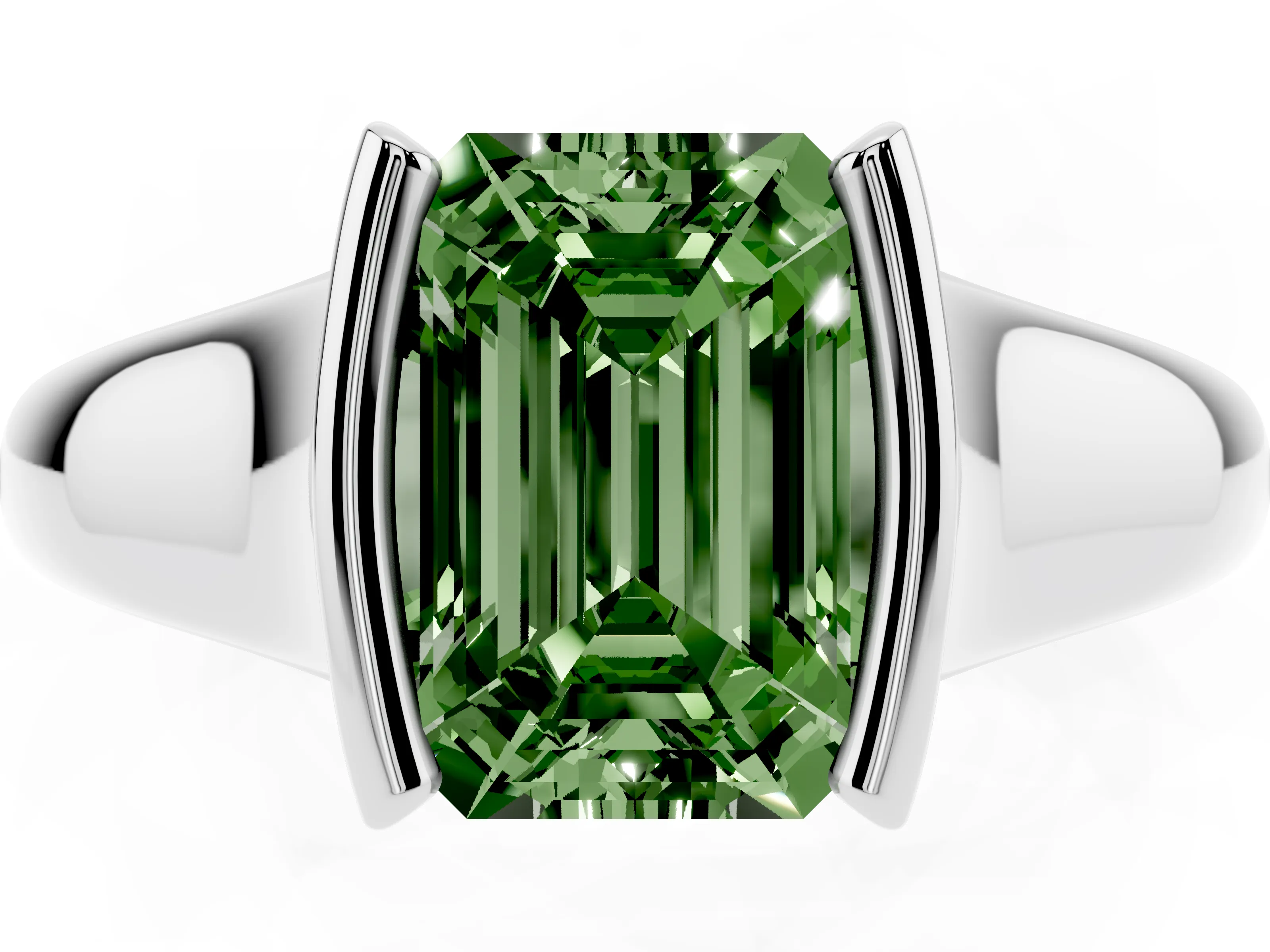 Fancy Green Emerald Cut Diamond Solitaire Tension Set Ring Set in White gold with Split Shank Band