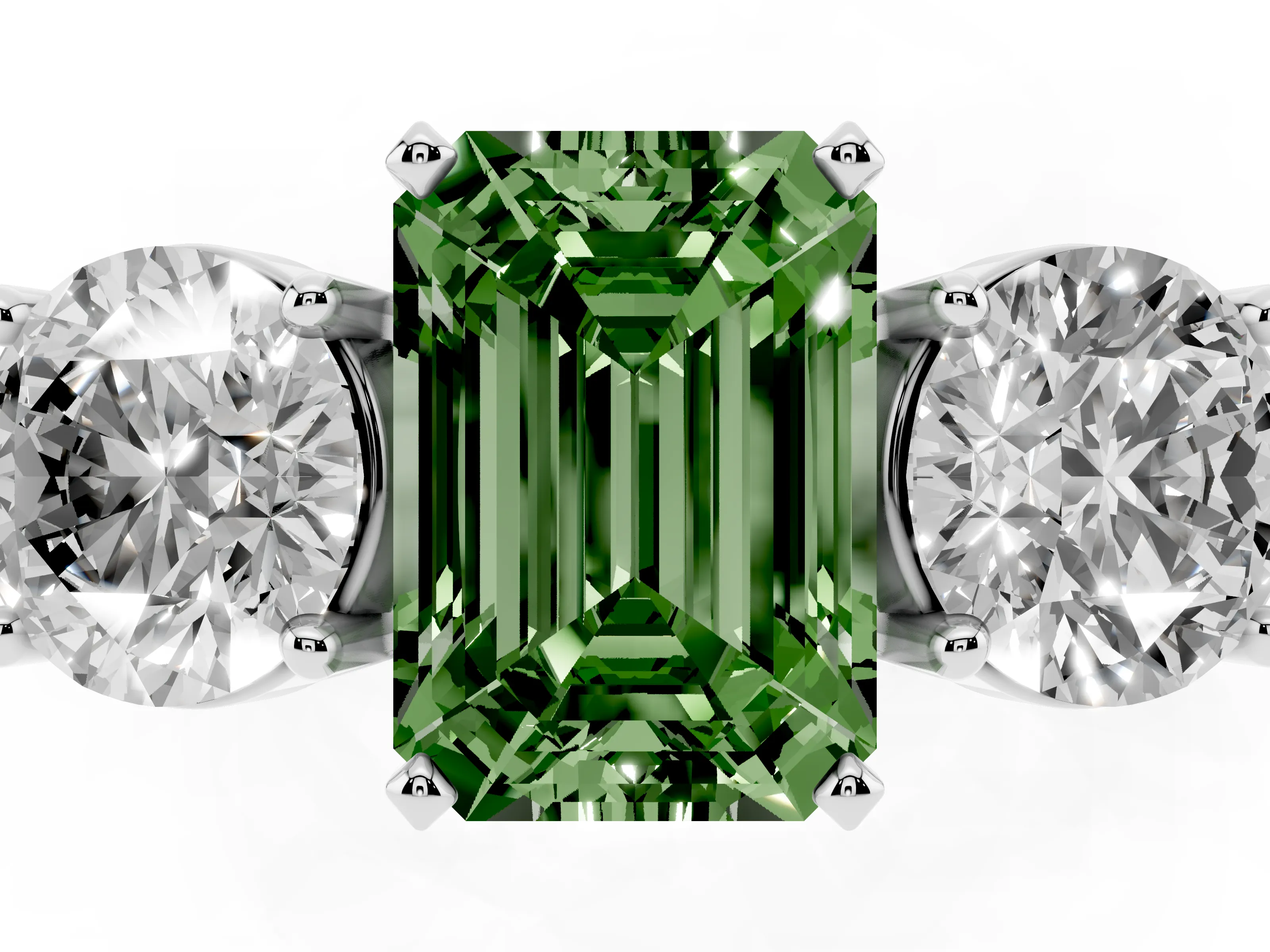 Fancy Green Emerald Cut Diamond Three-Stone Ring Set in Silver with Round Side Stones and Classic Band