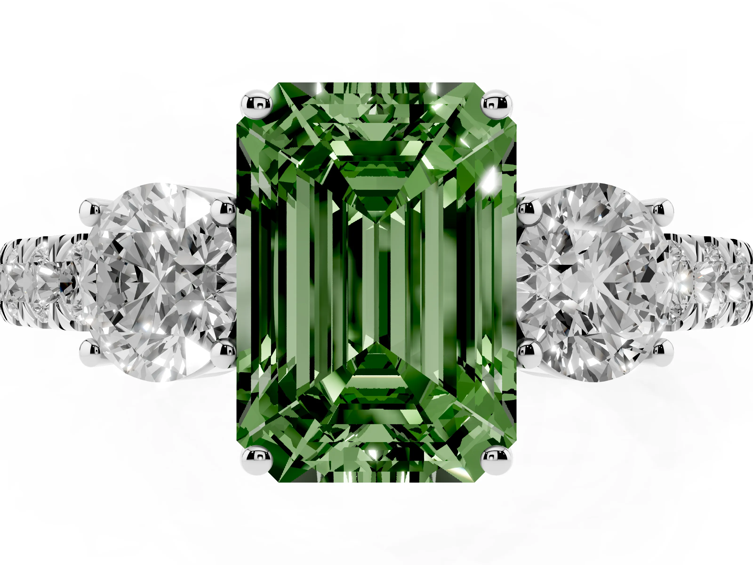 Fancy Green Emerald Cut Diamond Three-Stone Ring Set in White gold with Round Side Stones and Delicate Pavé Band