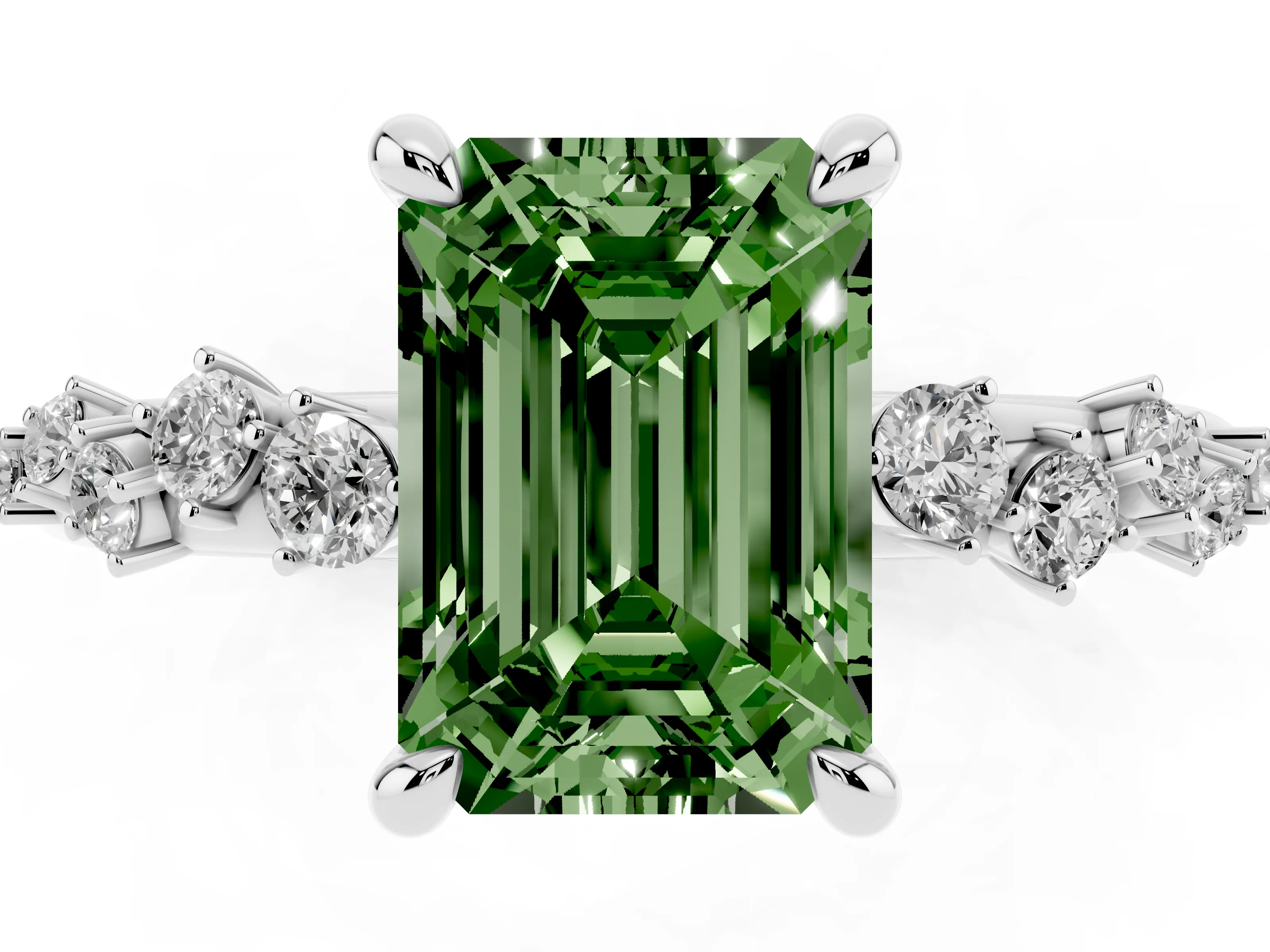 Fancy Green Emerald Cut Diamond Solitaire Vine Band Ring Set in White gold with Round Accents and Prong Setting