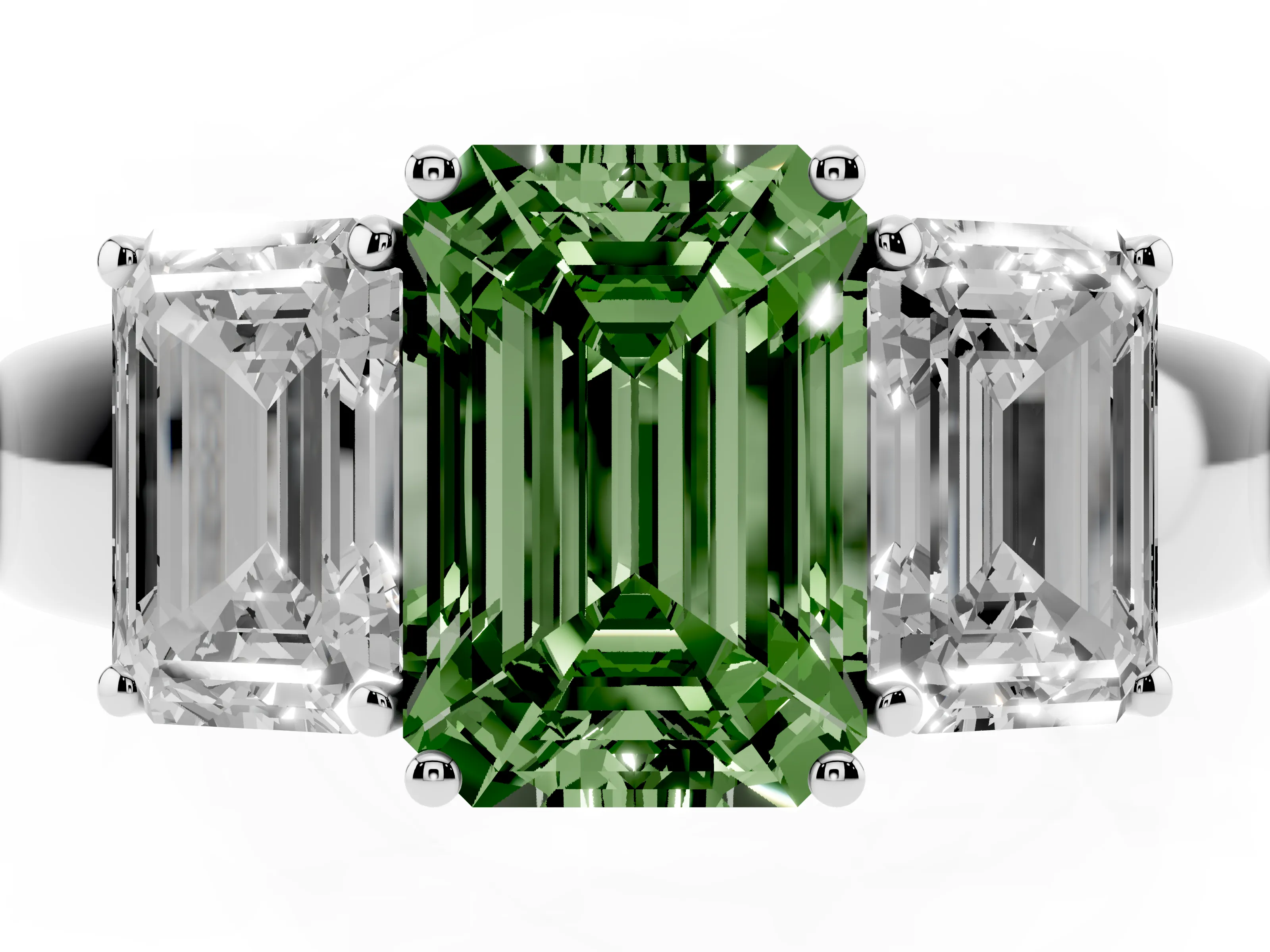 Fancy Green Three-Stone Emerald Cut Diamond Ring Set in Platinum with Matching Prong Settings and Plain Band