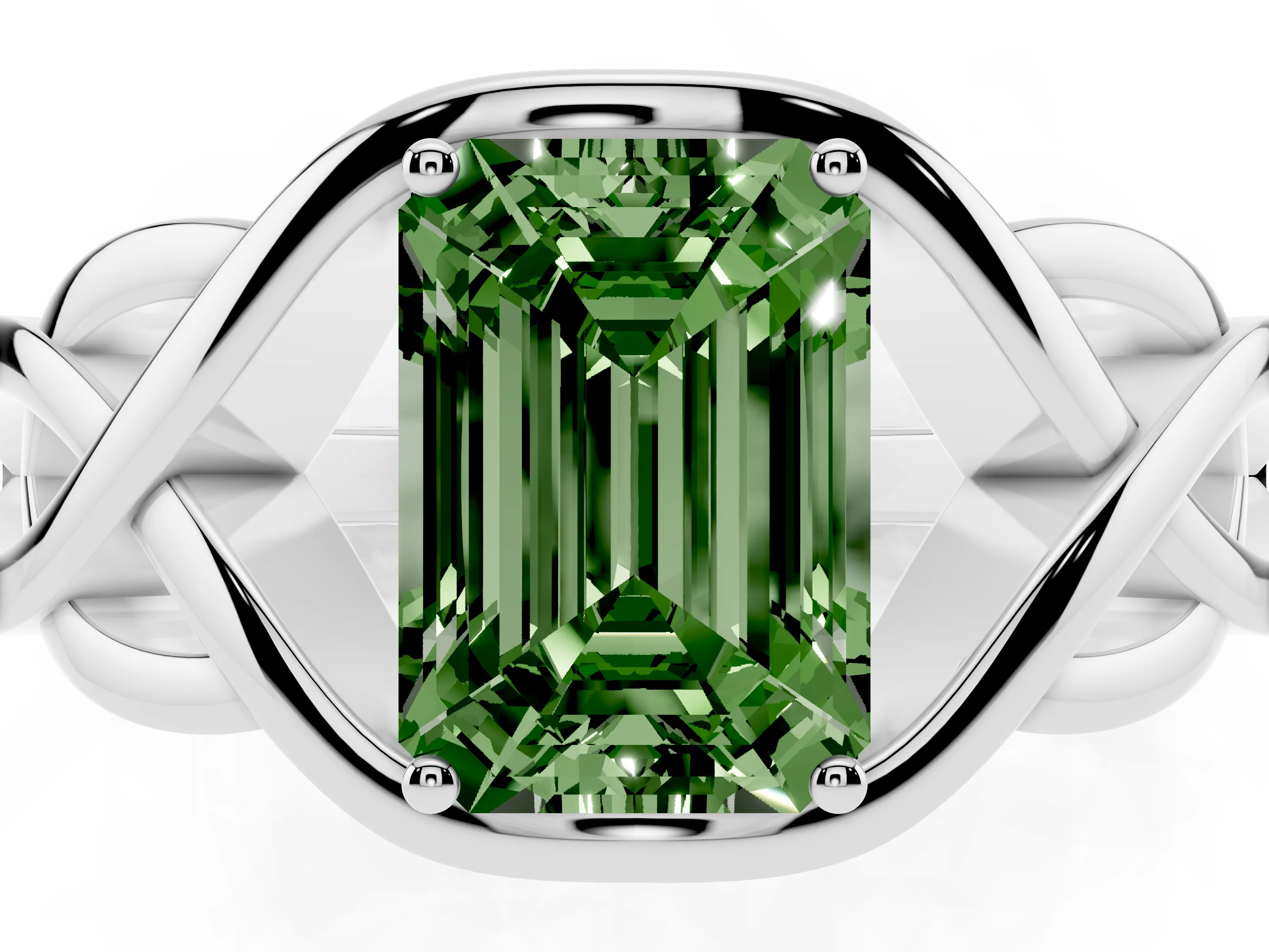 Fancy Green Emerald Cut Diamond Solitaire Ring Set in Platinum with Intertwined Band