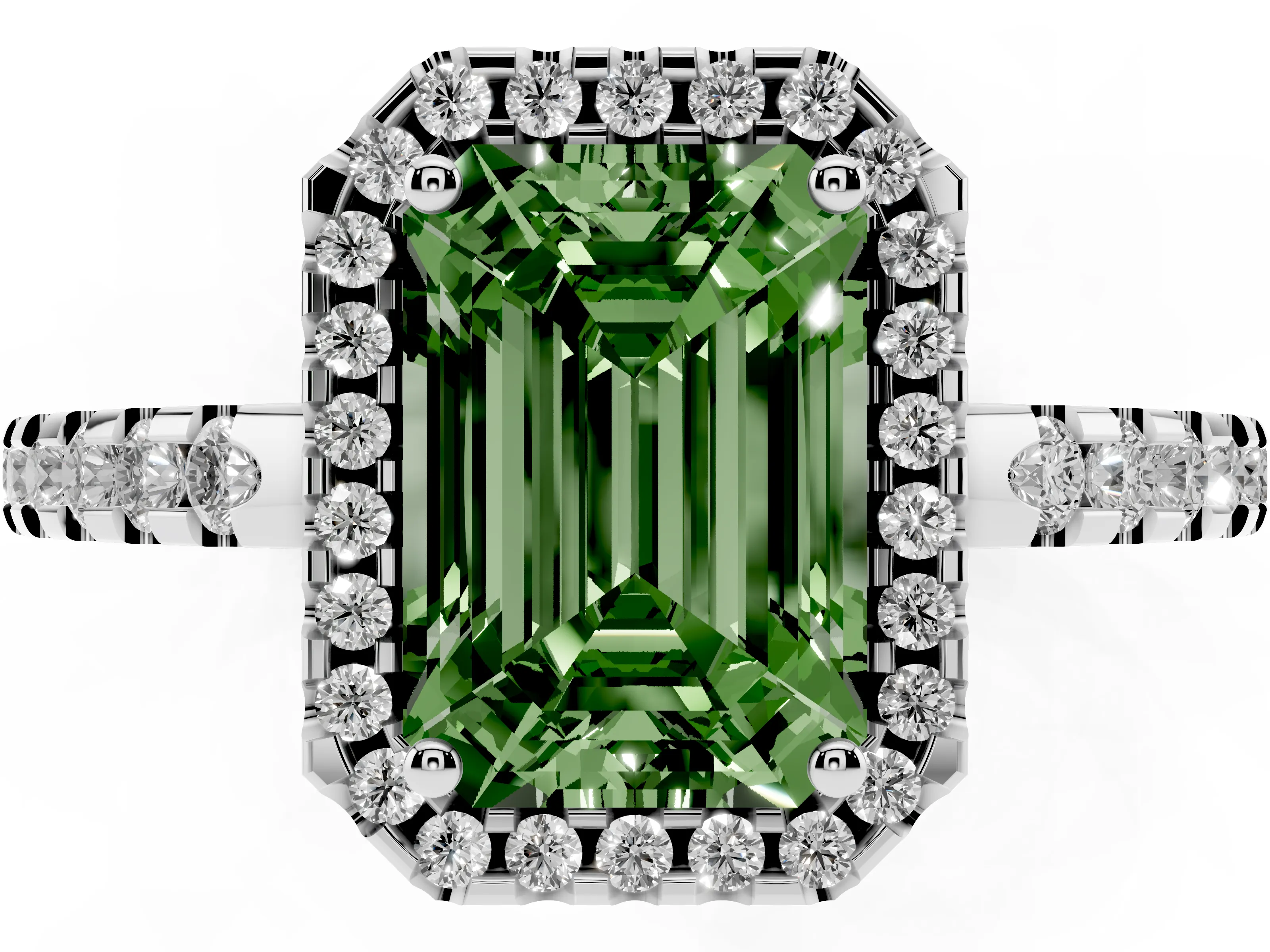 Fancy Green Emerald Cut Diamond Halo Ring Set in White gold with Pavé Shoulders and Halo-Framed Center