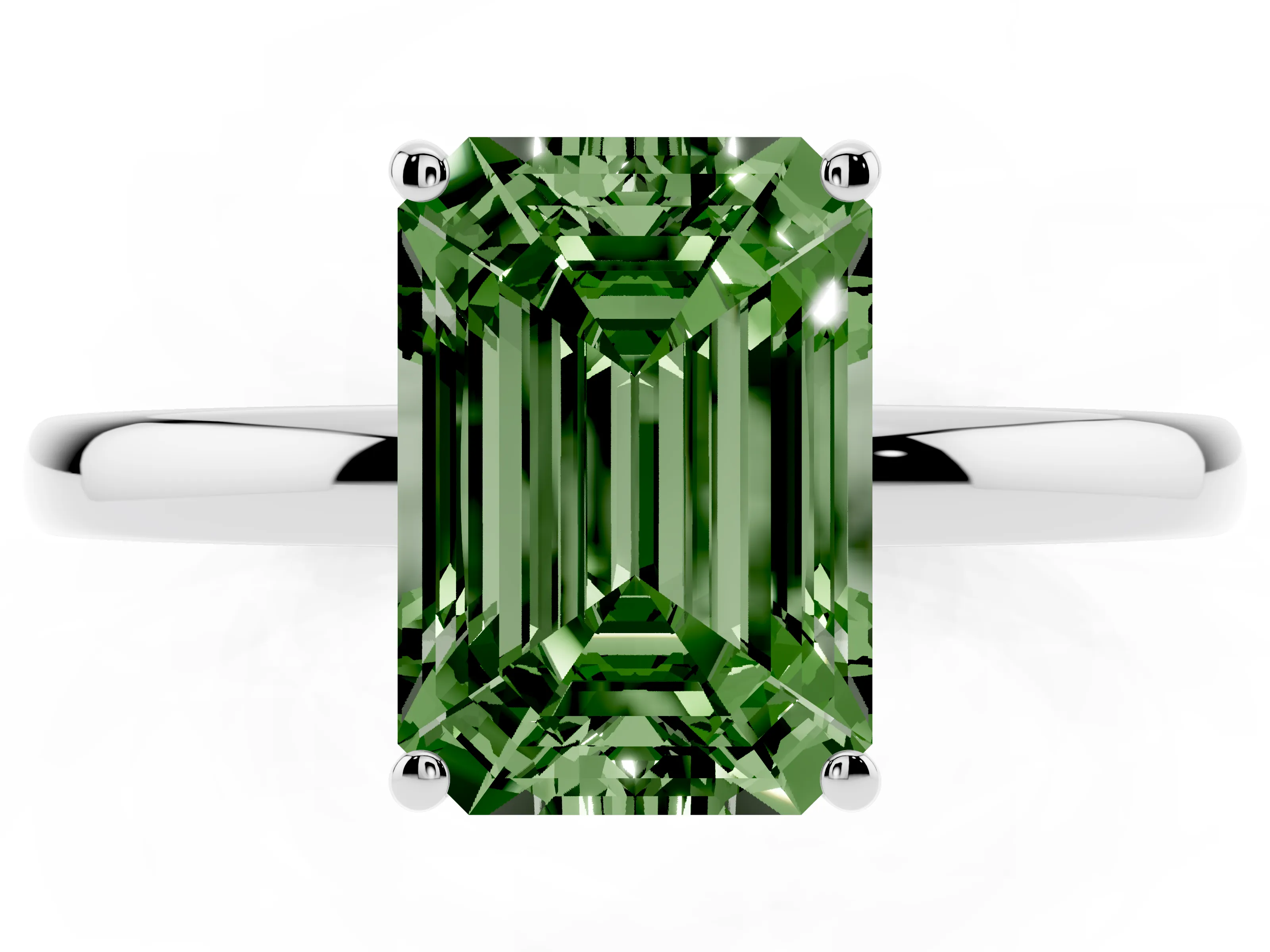 Fancy Green Emerald Cut Diamond Solitaire Ring Set in Silver with Plain Band and Prong Setting