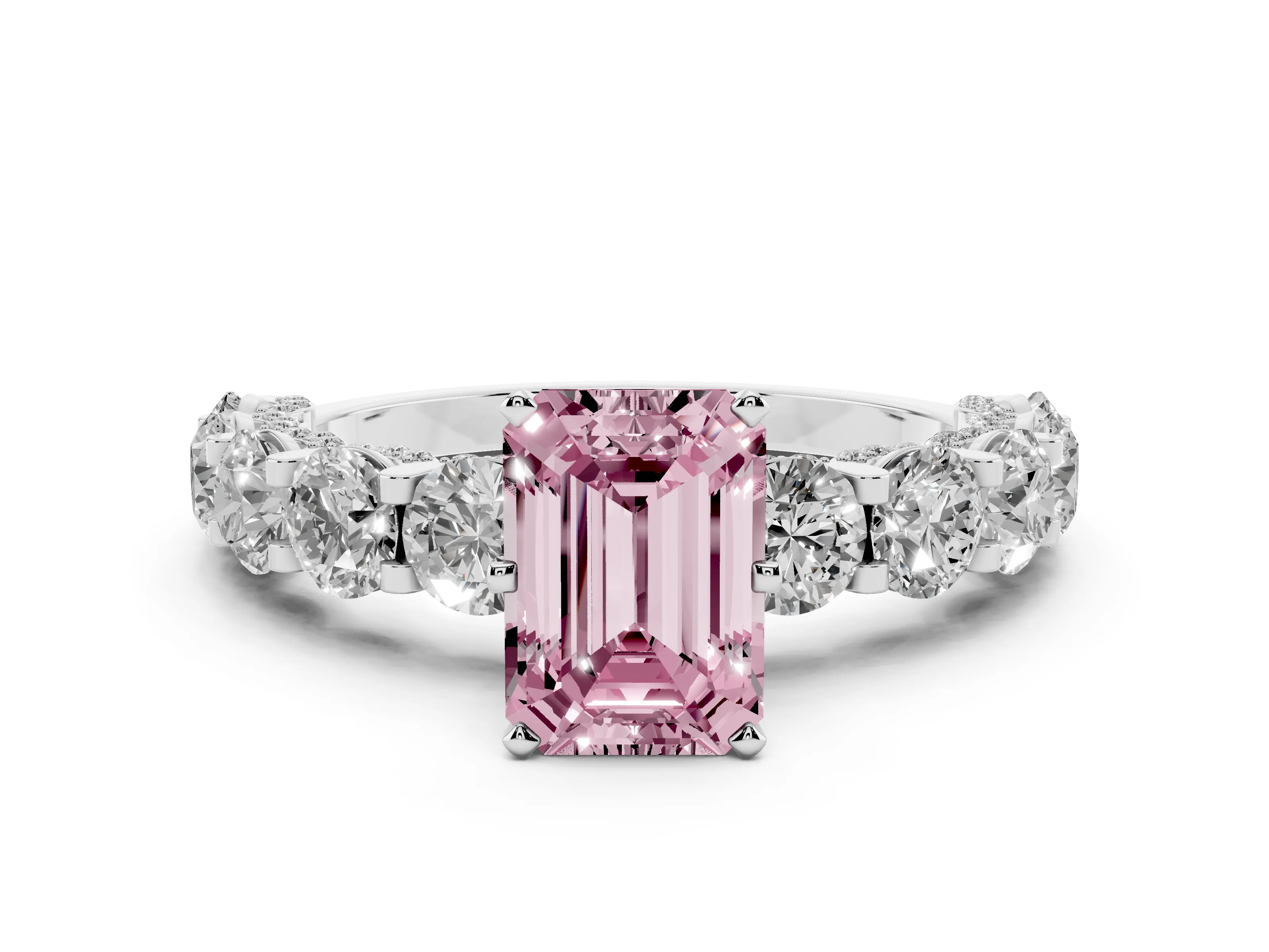 Fancy Pink Emerald Cut Diamond Side Stone Ring Set in White gold with Alternating Round and Oval Side Stones