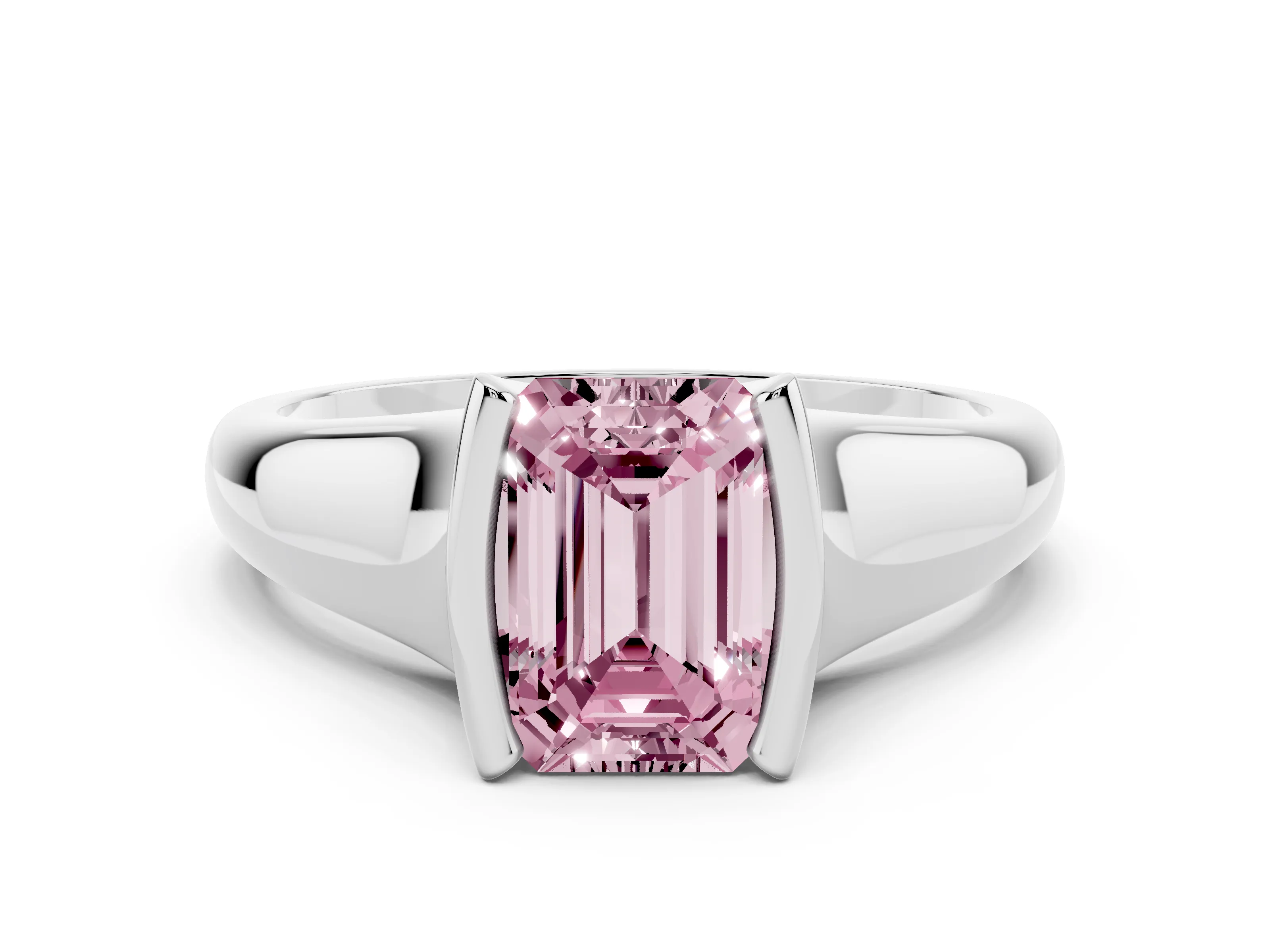 Fancy Pink Emerald Cut Diamond Solitaire Tension Set Ring Set in White gold with Split Shank Band