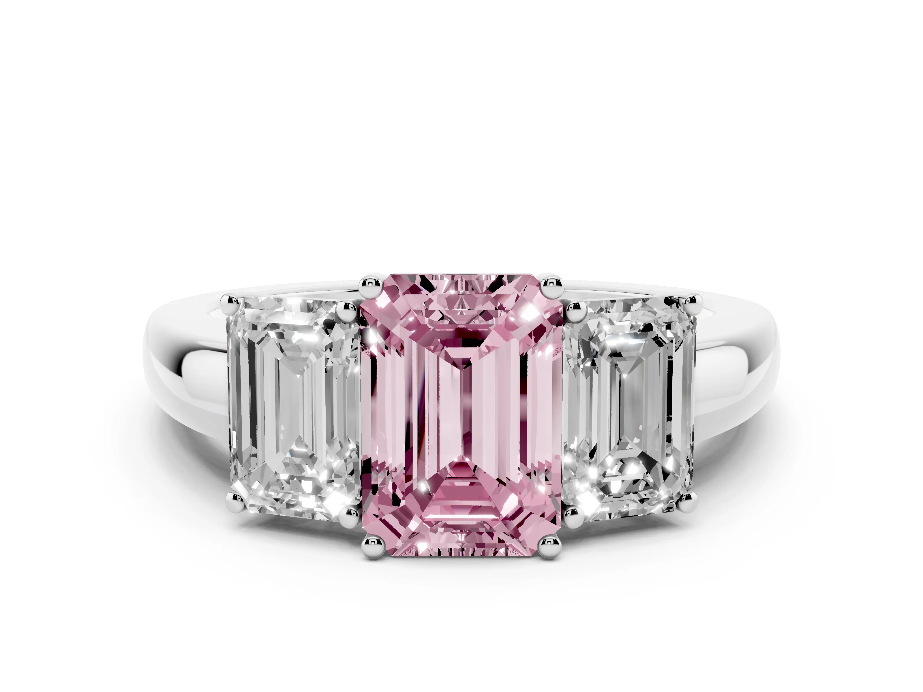 Fancy Pink Emerald Cut Diamond Three-Stone Ring Set in Silver with Bold Center and Classic Band