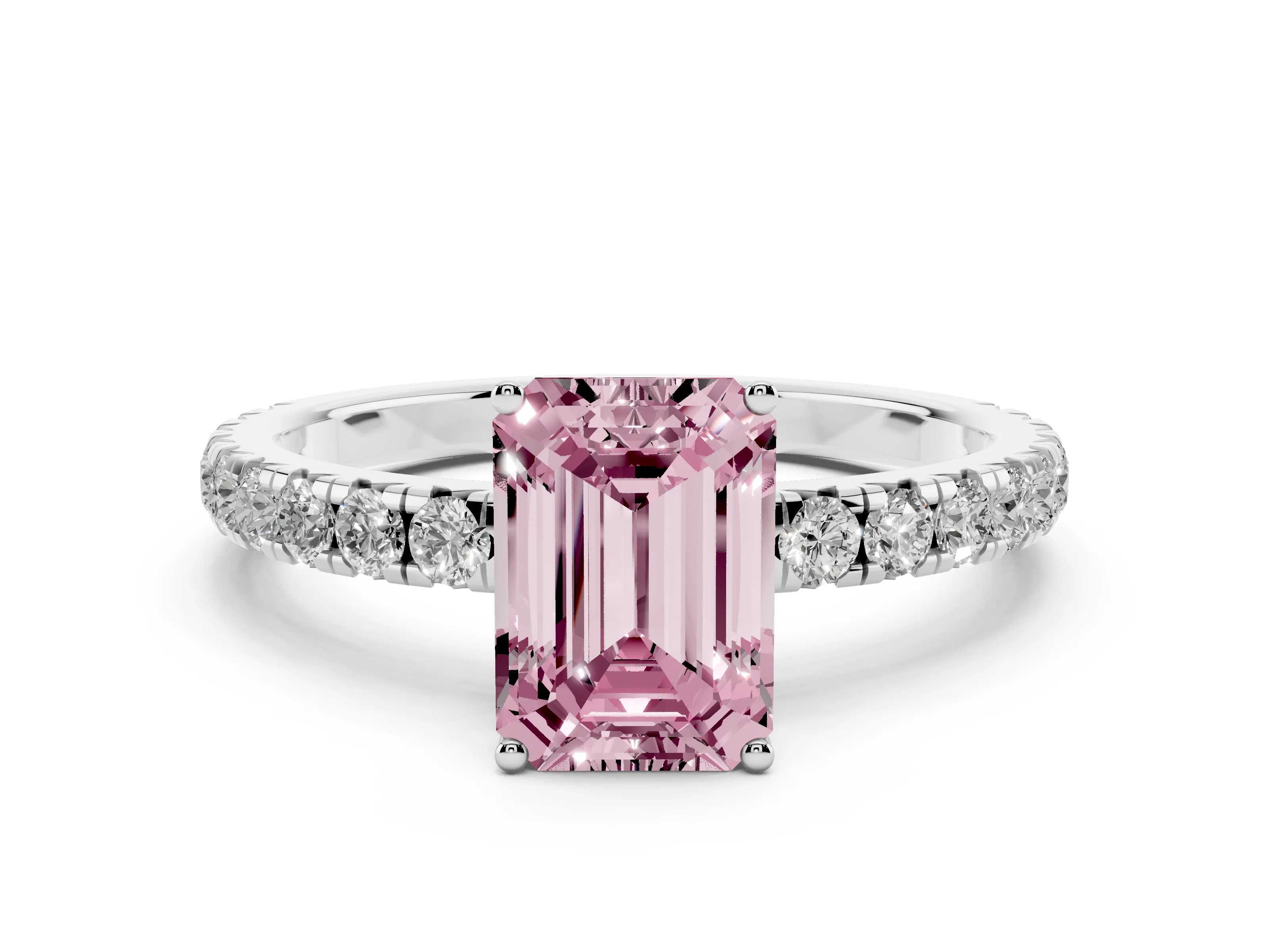 Fancy Pink Emerald Cut Diamond Pavé Solitaire Engagement Ring Set in Silver with Prong Setting