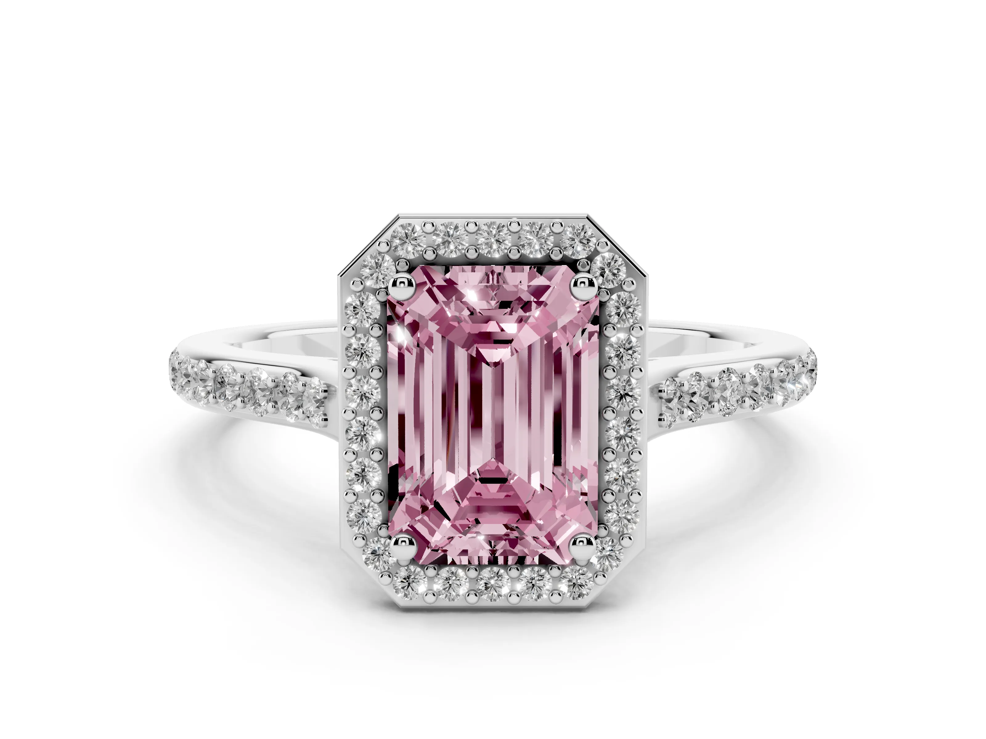 Fancy Pink Emerald Cut Diamond Halo Engagement Ring Set in Platinum with Round Pavé Shoulders and Heart Gallery