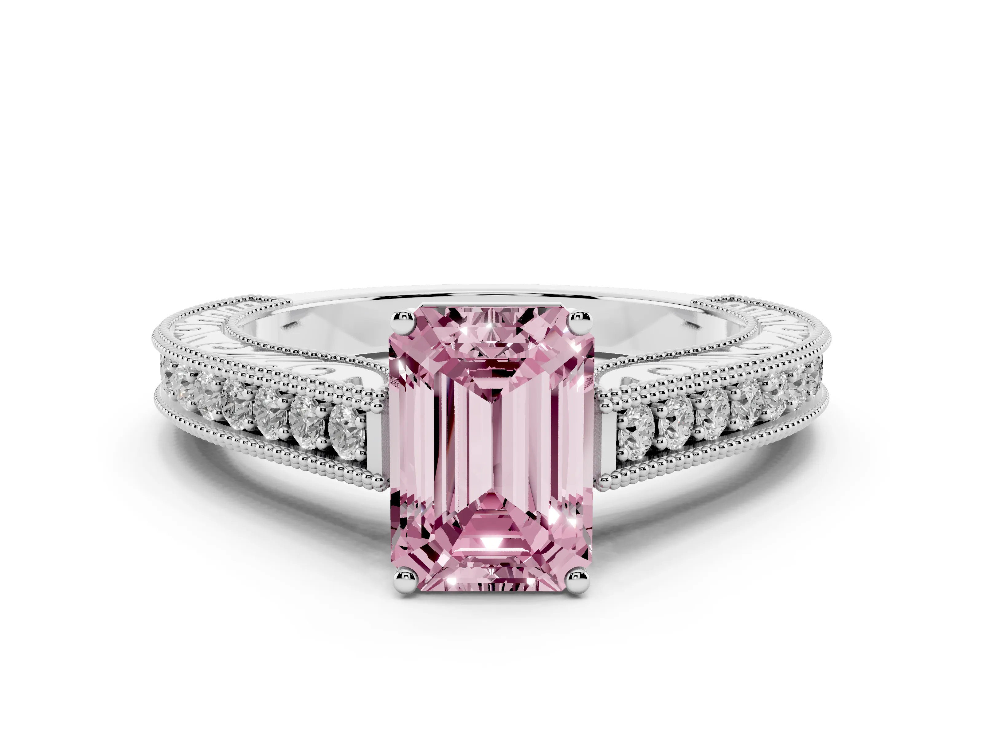 Fancy Pink Emerald Cut Diamond Milgrain Pavé Band Solitaire Ring Set in White gold with Prong Setting