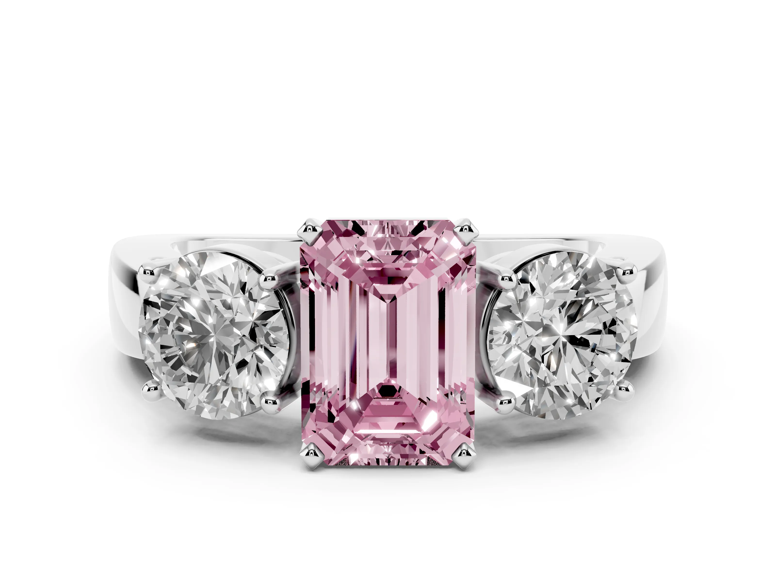 Fancy Pink Emerald Cut Diamond Three-Stone Ring Set in Platinum with Round Side Stones and Classic Band