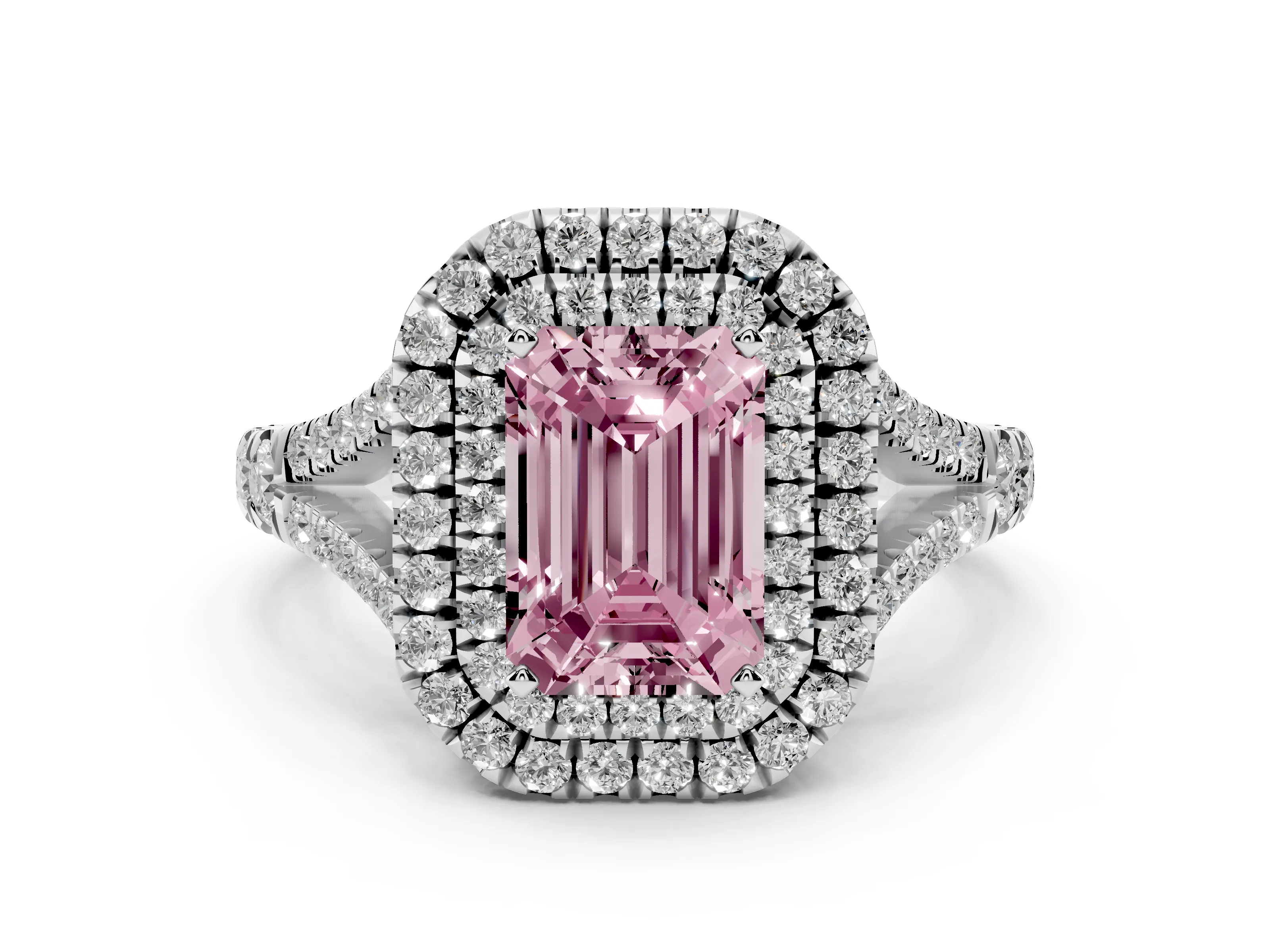 Fancy Pink Emerald Cut Diamond Pavé Split Shank Double Halo Engagement Ring Set in Platinum
