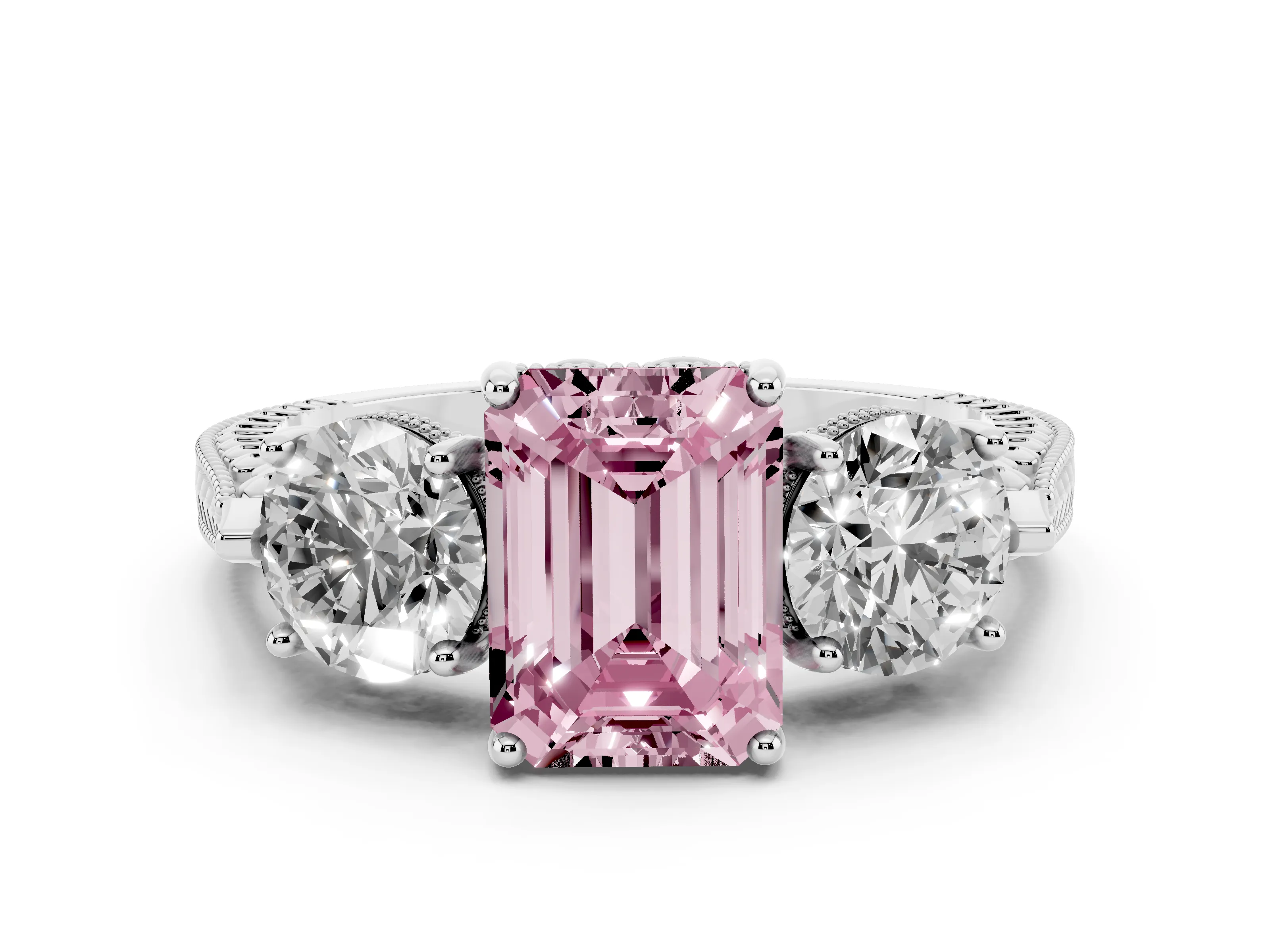 Fancy Pink Emerald Cut Diamond Three-Stone Ring Set in Silver with Milgrain Band