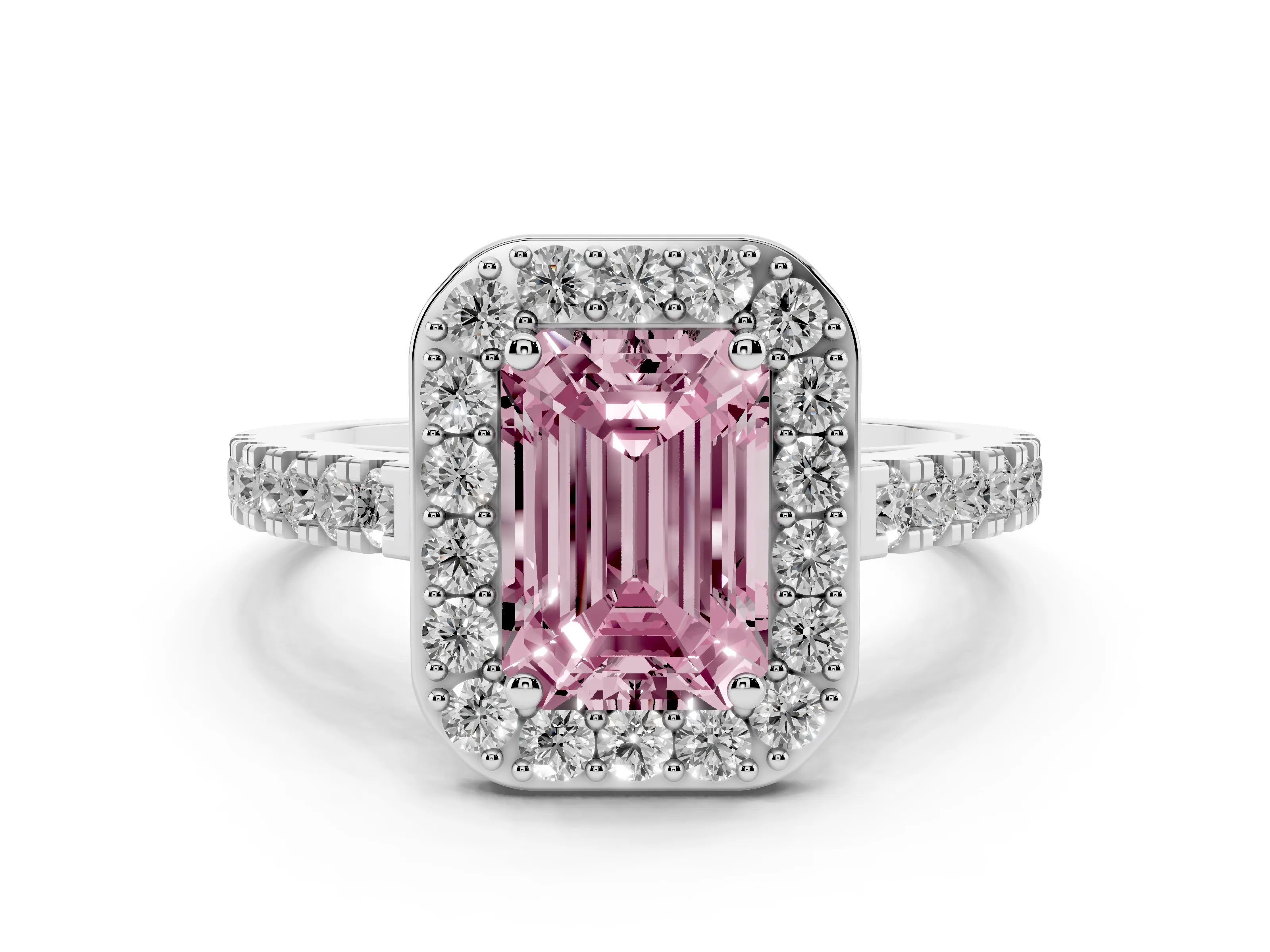 Fancy Pink Emerald Cut Diamond Halo Ring Set in Silver with Round Pavé Split Shank and Prong Setting