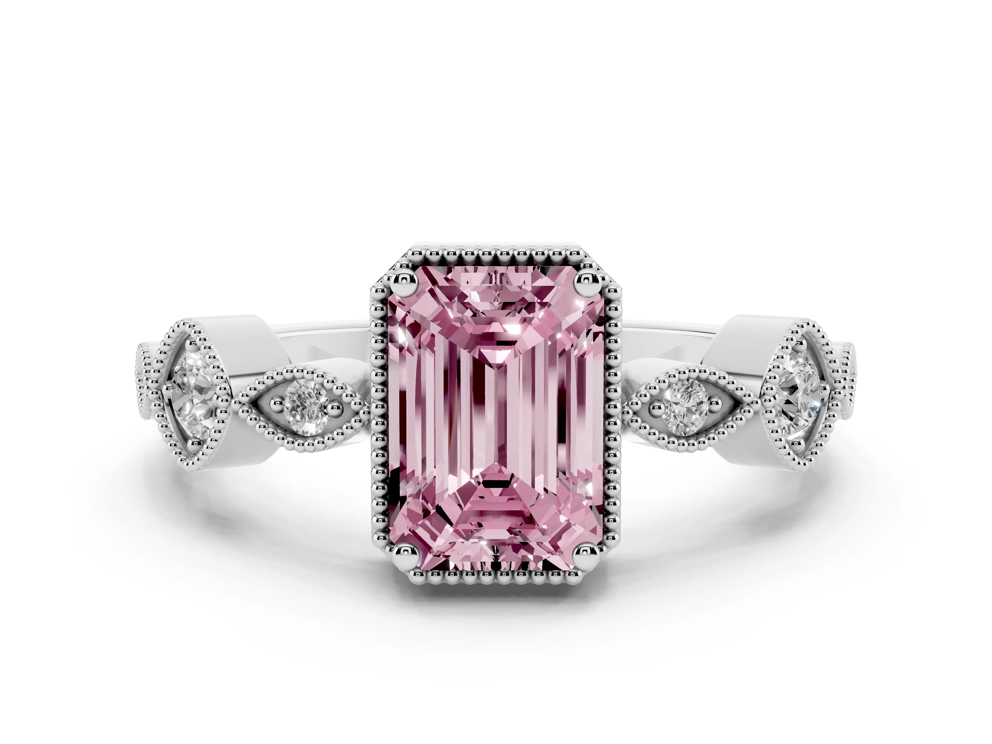 Fancy Pink Emerald Cut Diamond Vintage-Inspired Milgrain Ring Set in Platinum with Marquise Stations of Round Accents