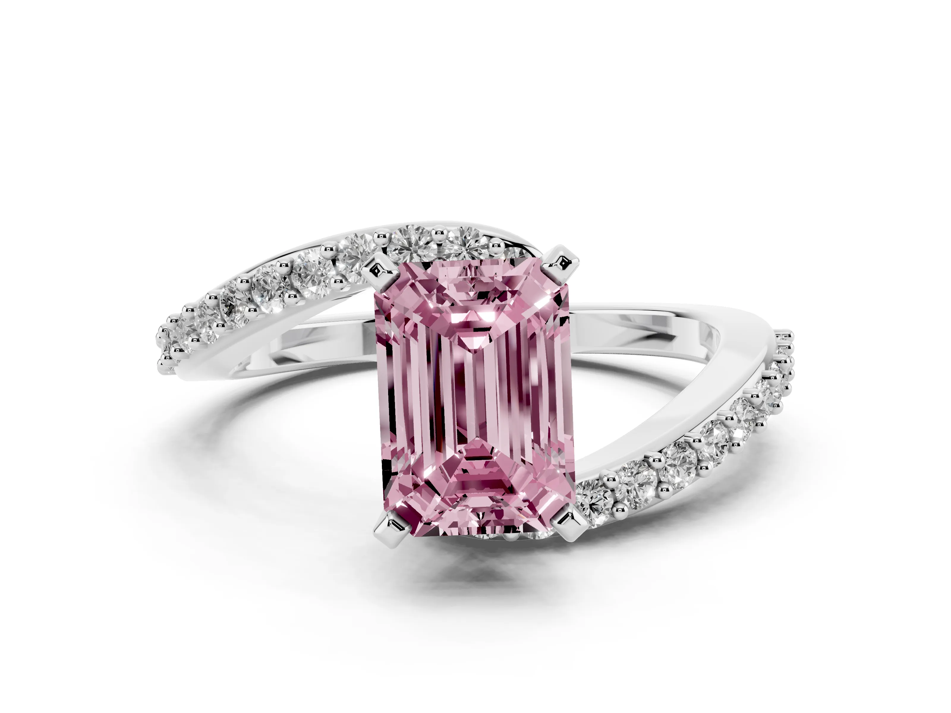 Fancy Pink Emerald Cut Diamond Solitaire Ring Set in Platinum with Pavé Twist Band and Prong Setting
