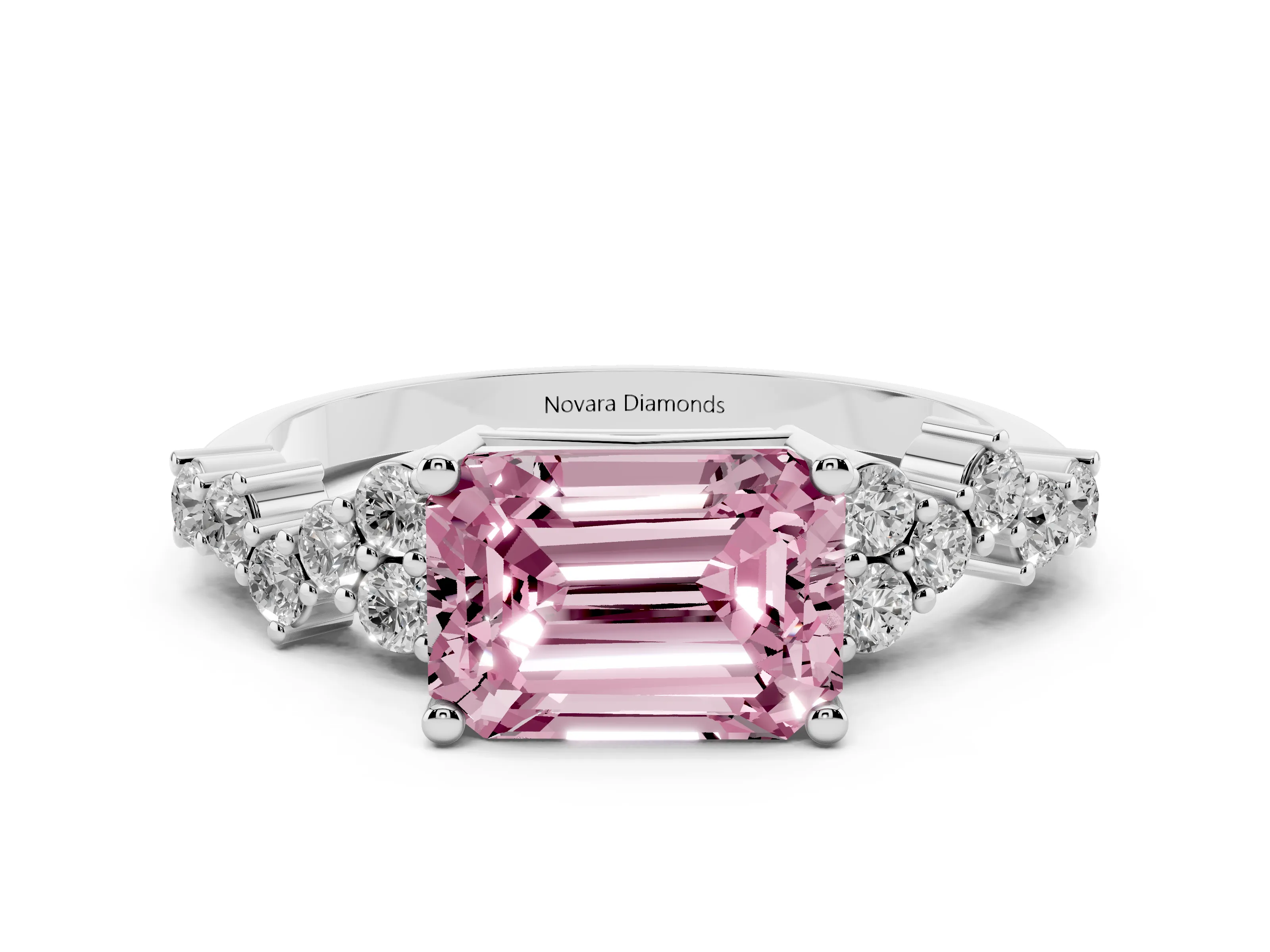 Fancy Pink Emerald Cut Diamond Ring Set in Platinum with Scattered Round Accents