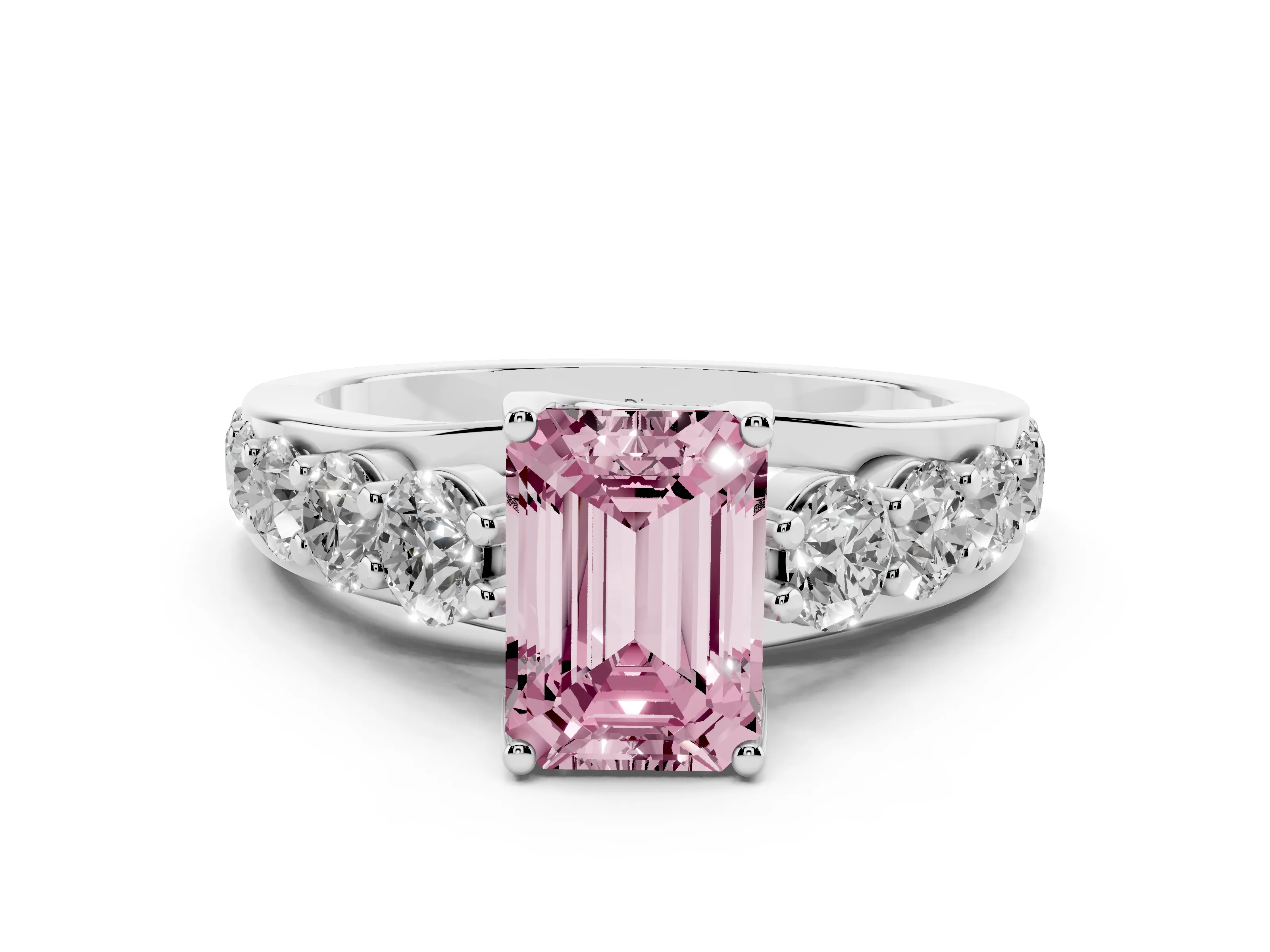 Fancy Pink Emerald Cut Diamond Pavé Engagement Ring Set in Silver with Prong Setting