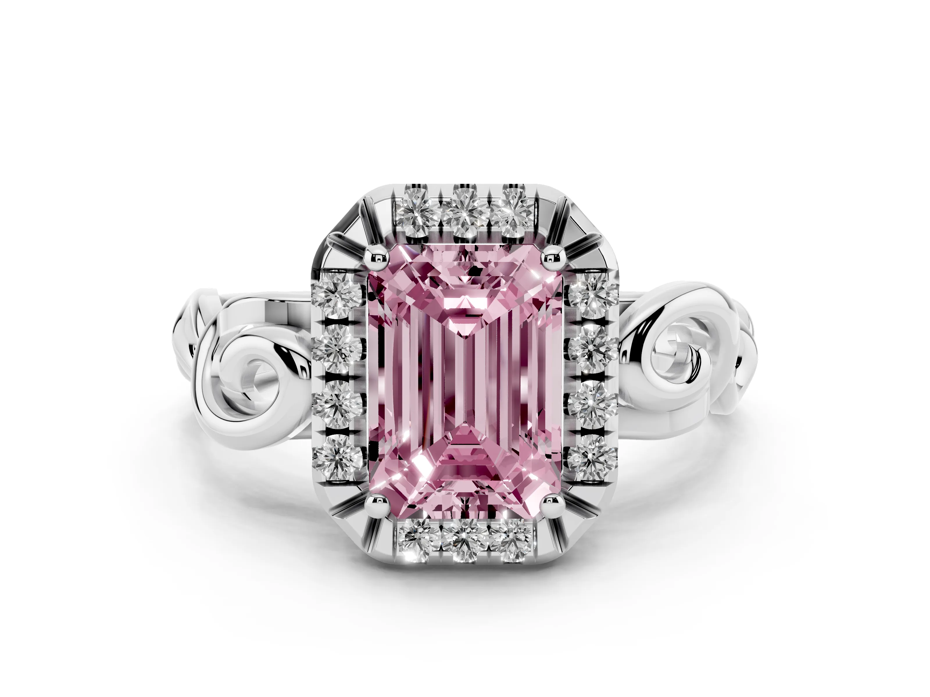 Fancy Pink Emerald Cut Diamond Halo Ring Set in Platinum with Scrollwork Band and Prong Setting