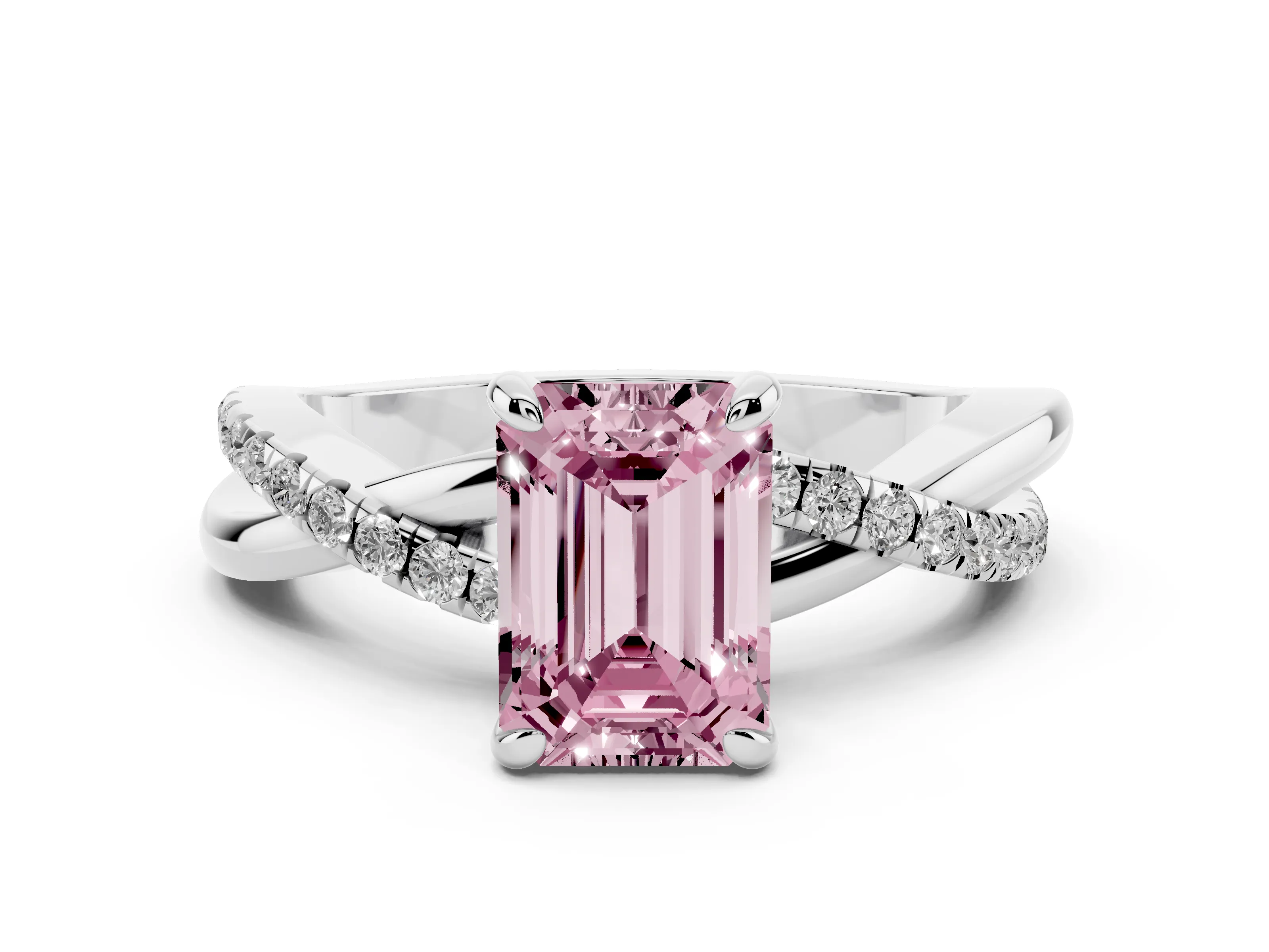 Fancy Pink Emerald Cut Diamond Twist Band Solitaire Set in White gold with Pavé Accents and Prong Setting
