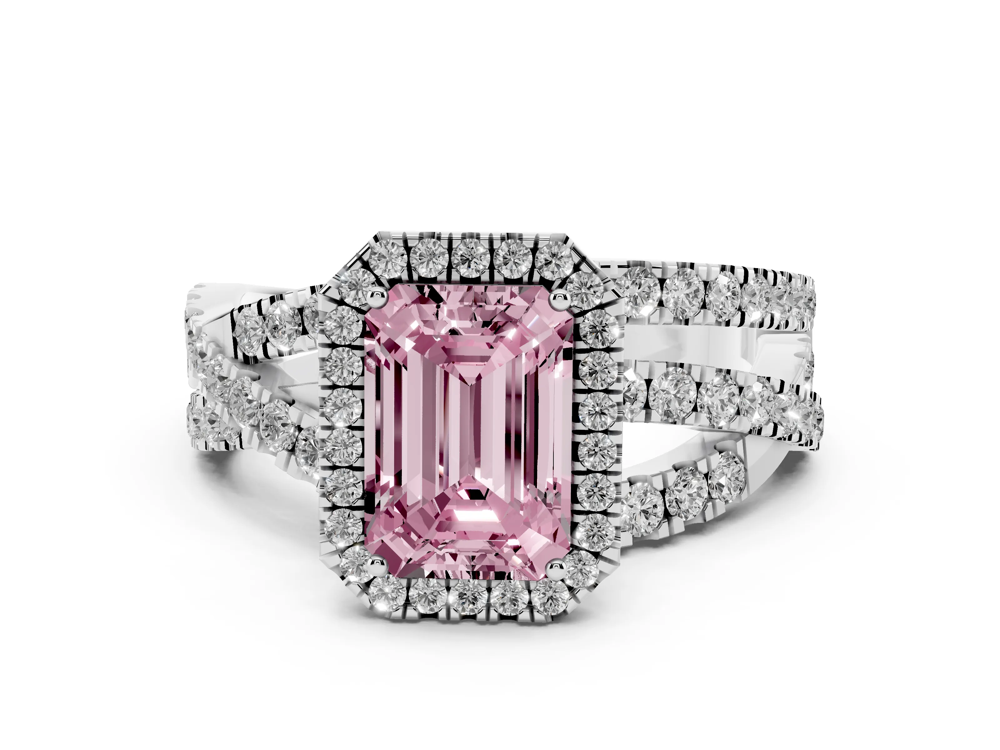 Fancy Pink Emerald Cut Diamond Halo Ring Set in Platinum with Round Crossover Split Shank and Prong Setting