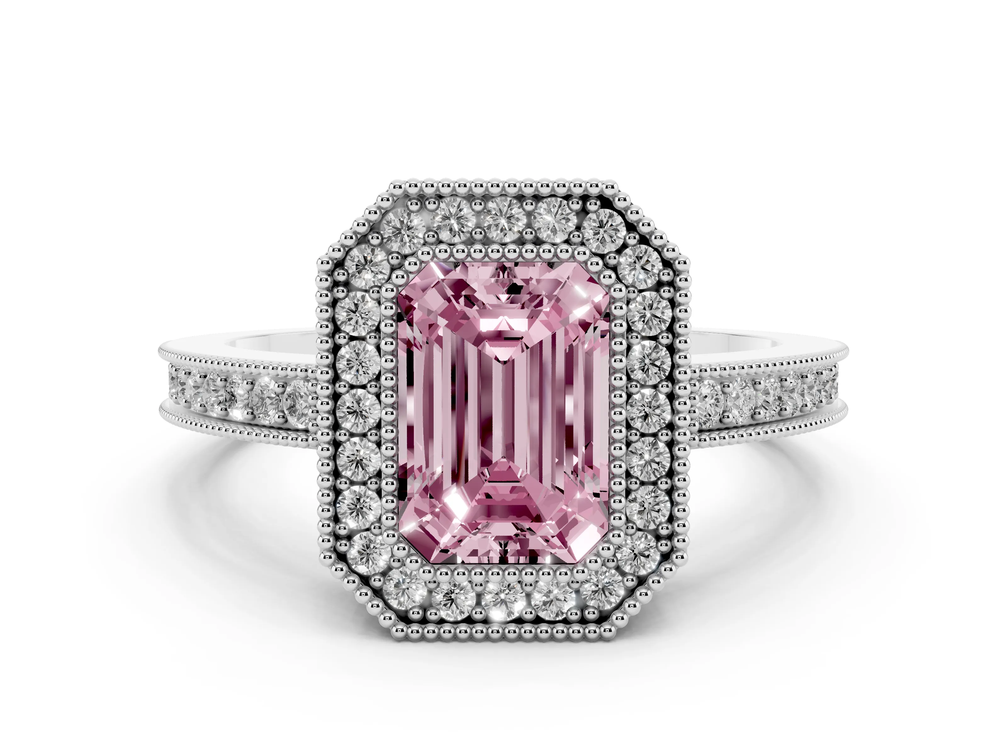 Fancy Pink Emerald Cut Diamond Round Halo Ring Set in Silver with Pavé Band