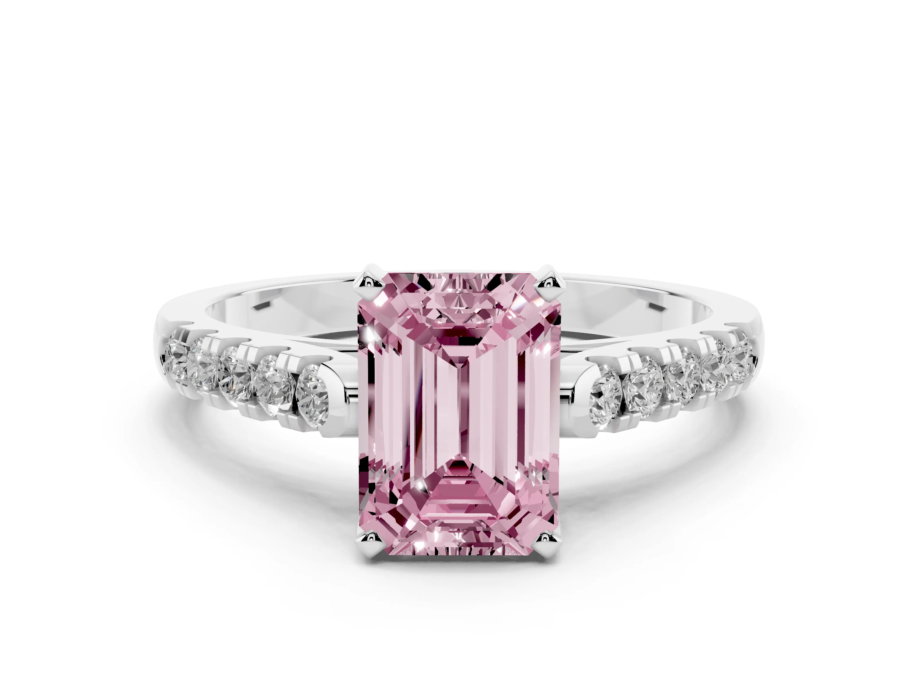 Fancy Pink Emerald Cut Diamond Pavé Band Solitaire Ring Set in Platinum with Partway Accent Stones and Prong Setting