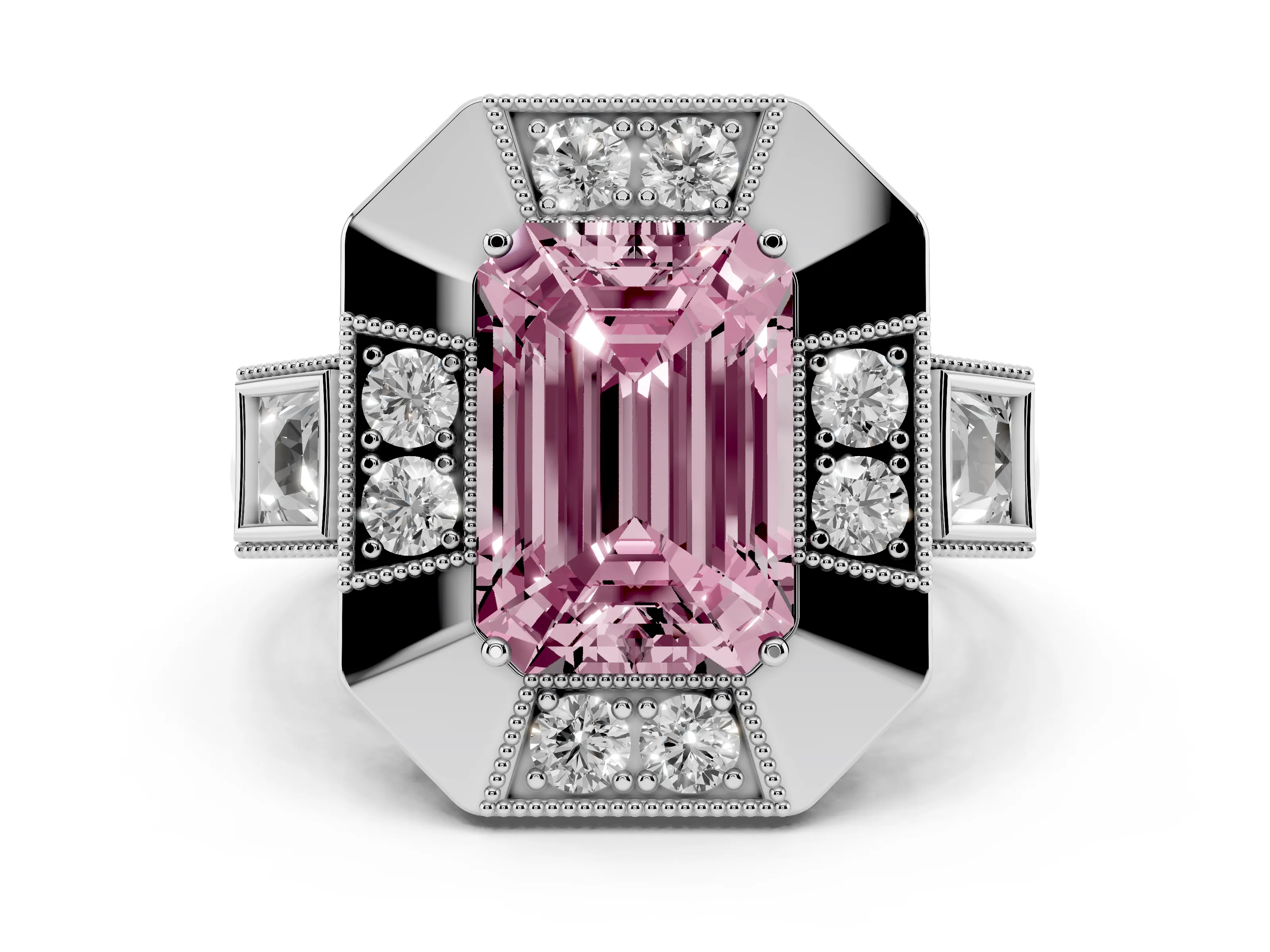 Fancy Pink Emerald Cut Diamond Milgrain Halo Ring Set in Silver with Split Shank