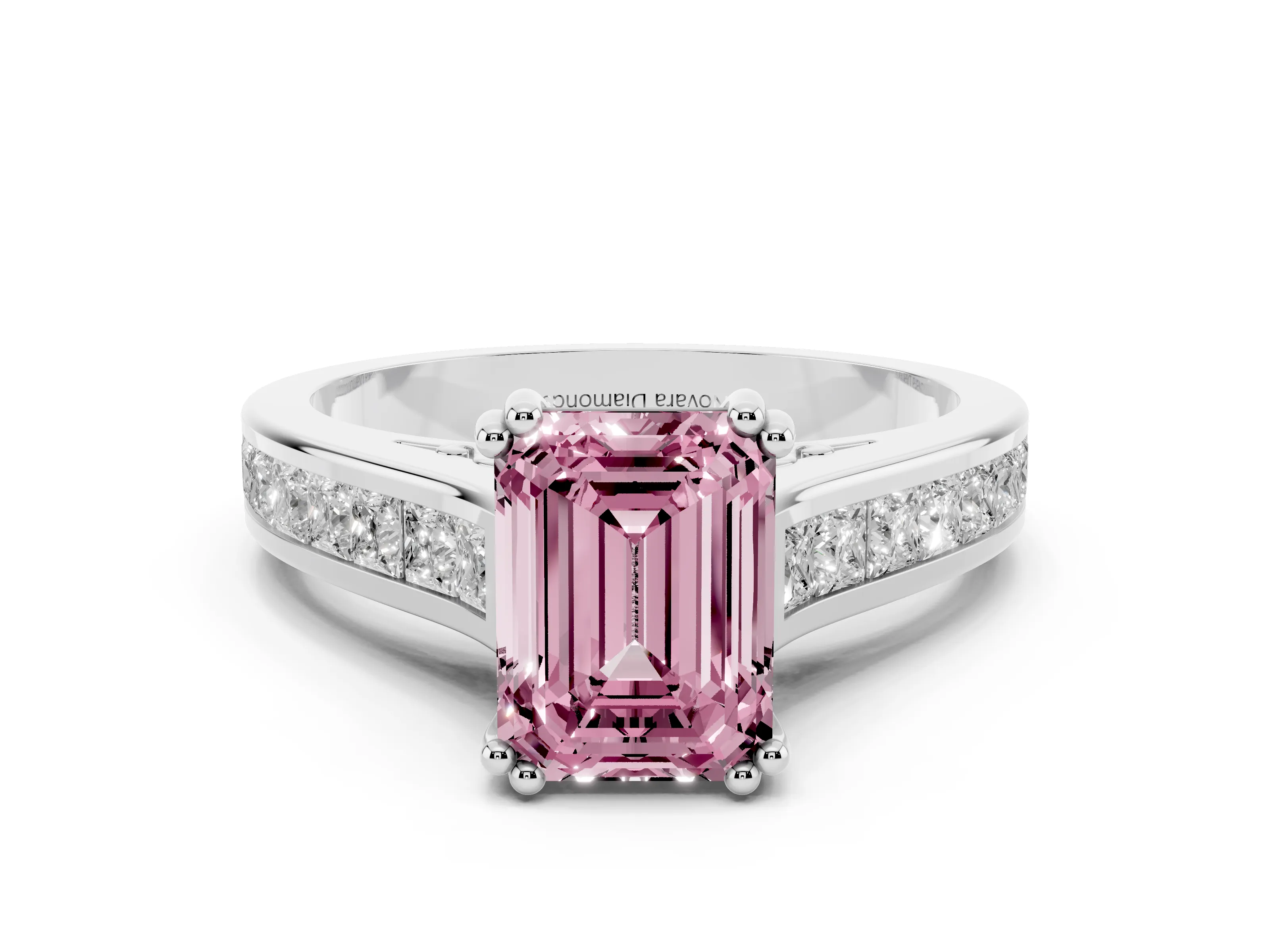 Fancy Pink Emerald Cut Diamond Channel Set Solitaire Engagement Ring Set in Platinum with Prong Setting