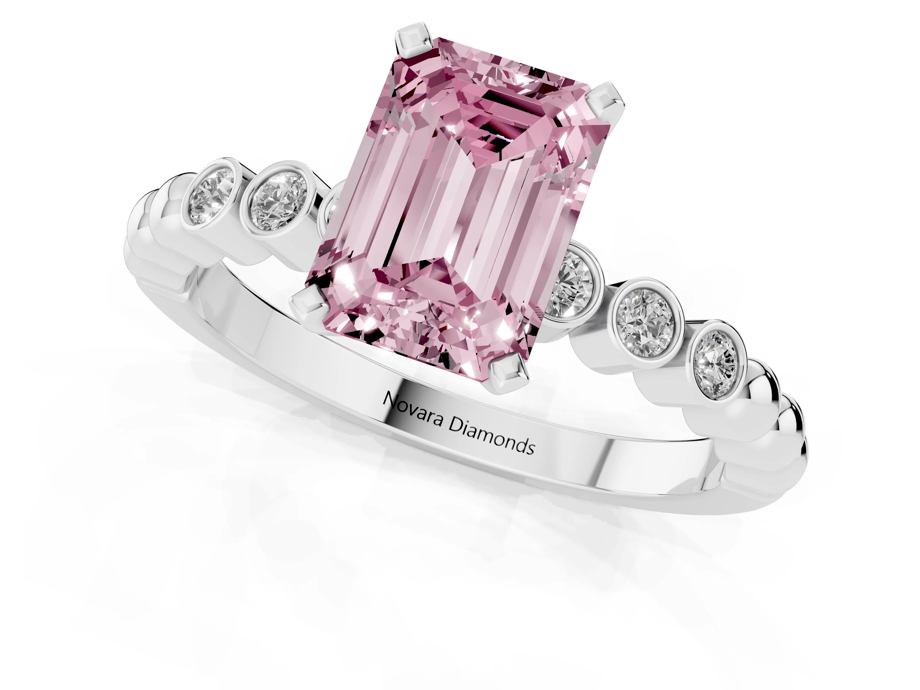 Fancy Pink Emerald Cut Diamond Solitaire Engagement Ring Set in Silver with Bezel Accents on Beaded Band