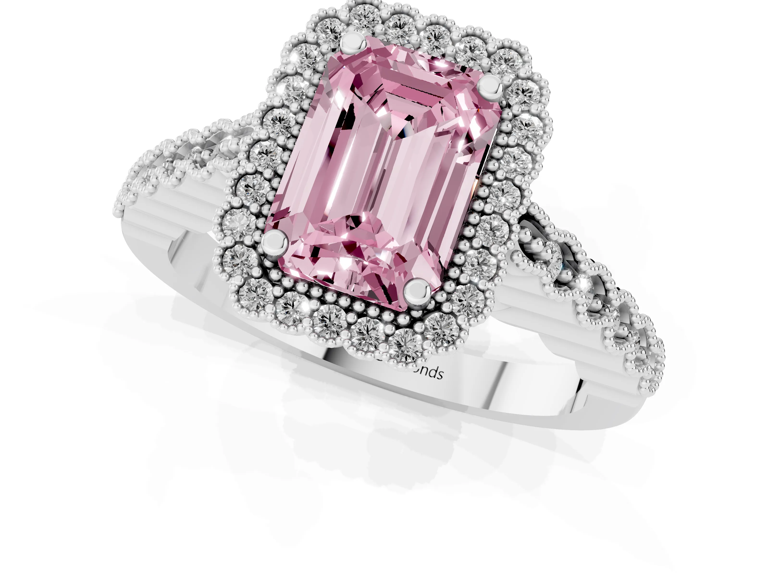 Fancy Pink Emerald Cut Diamond Halo Ring Set in White gold with Pavé Milgrain Band