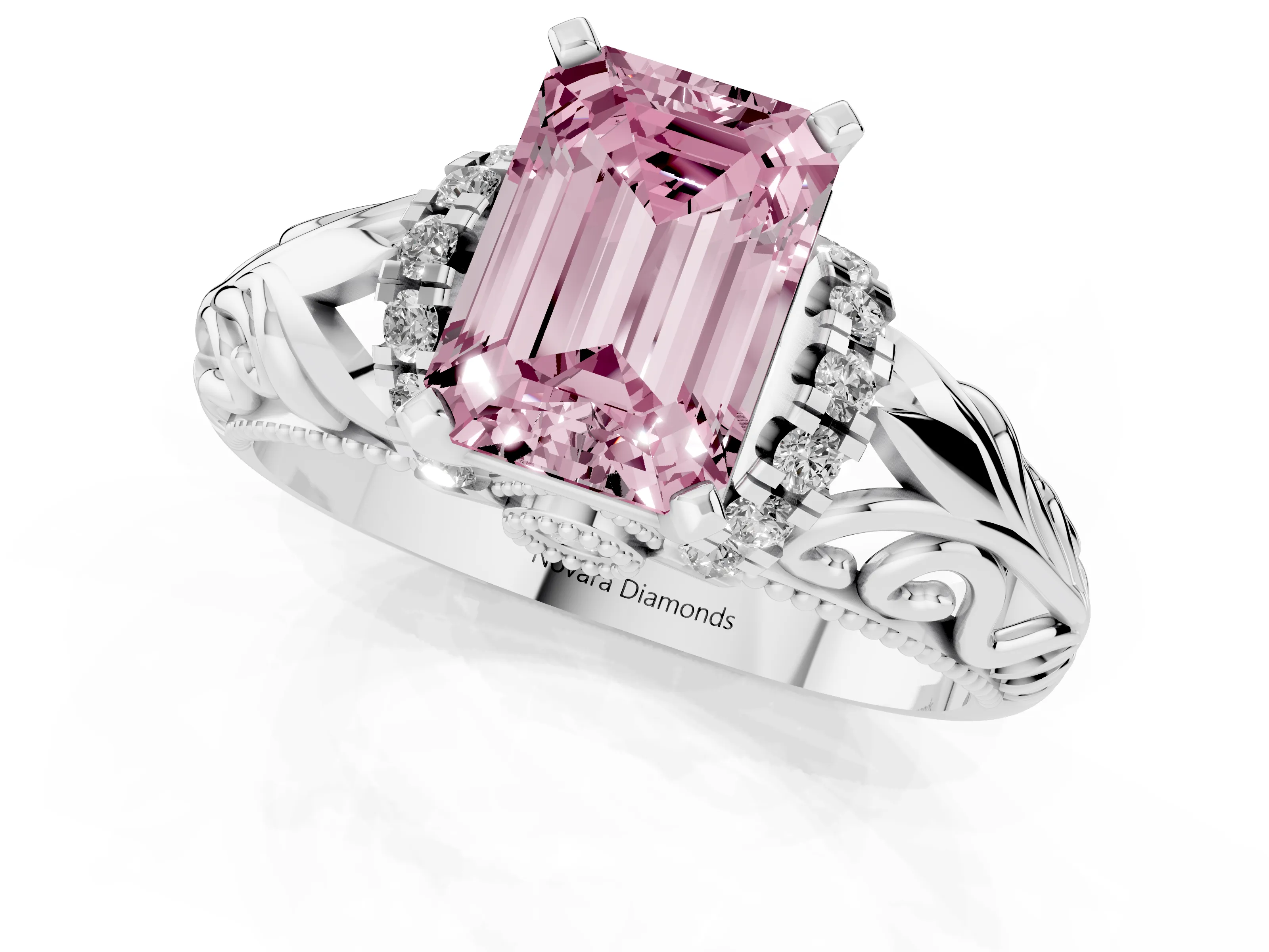 Fancy Pink Emerald Cut Diamond Filigree Halo Engagement Ring Set in White gold with Prong Setting