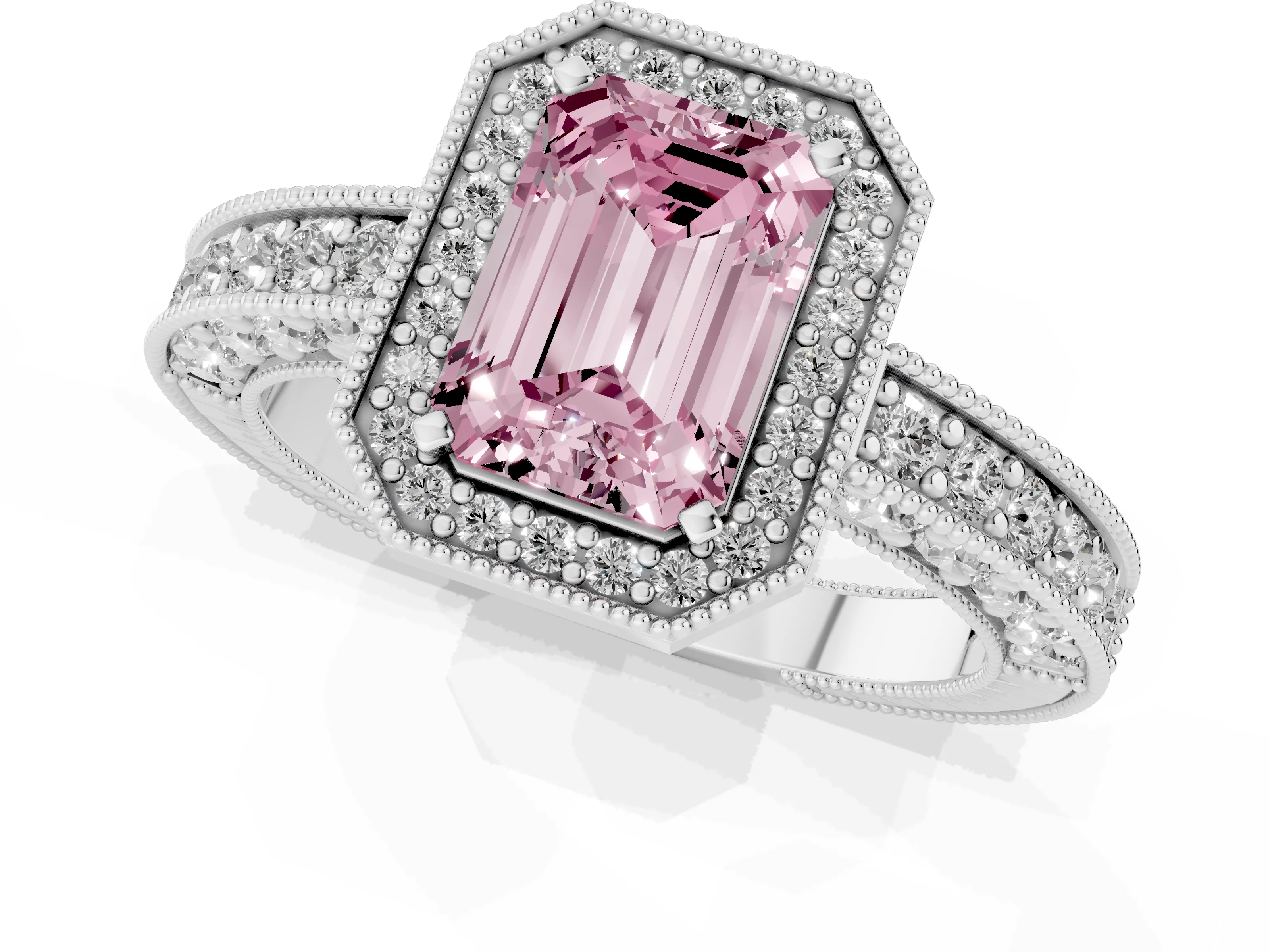 Fancy Pink Emerald Cut Diamond Halo Pavé Band Ring Set in Platinum with Prong-Set Center