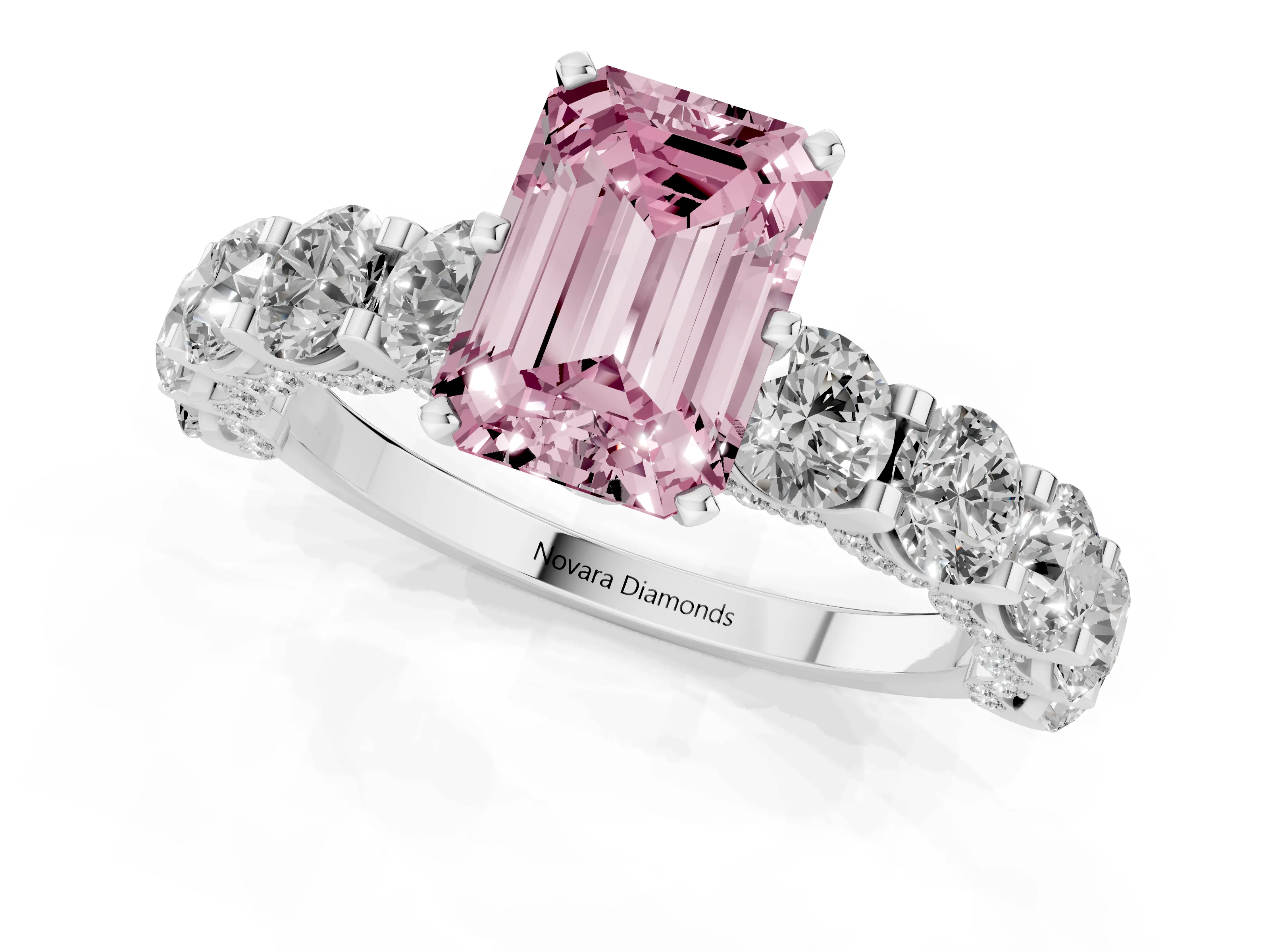 Fancy Pink Emerald Cut Diamond Side Stone Ring Set in White gold with Alternating Round and Oval Side Stones