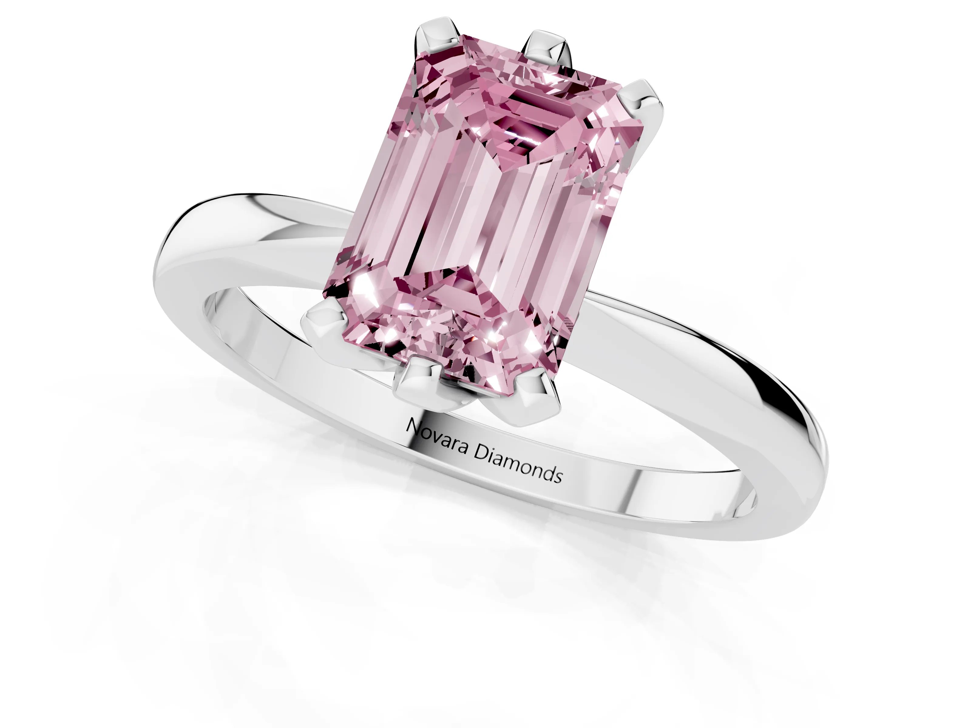 Fancy Pink Emerald Cut Diamond Solitaire Engagement Ring Set in White gold with Slim Tapered Solitaire Band