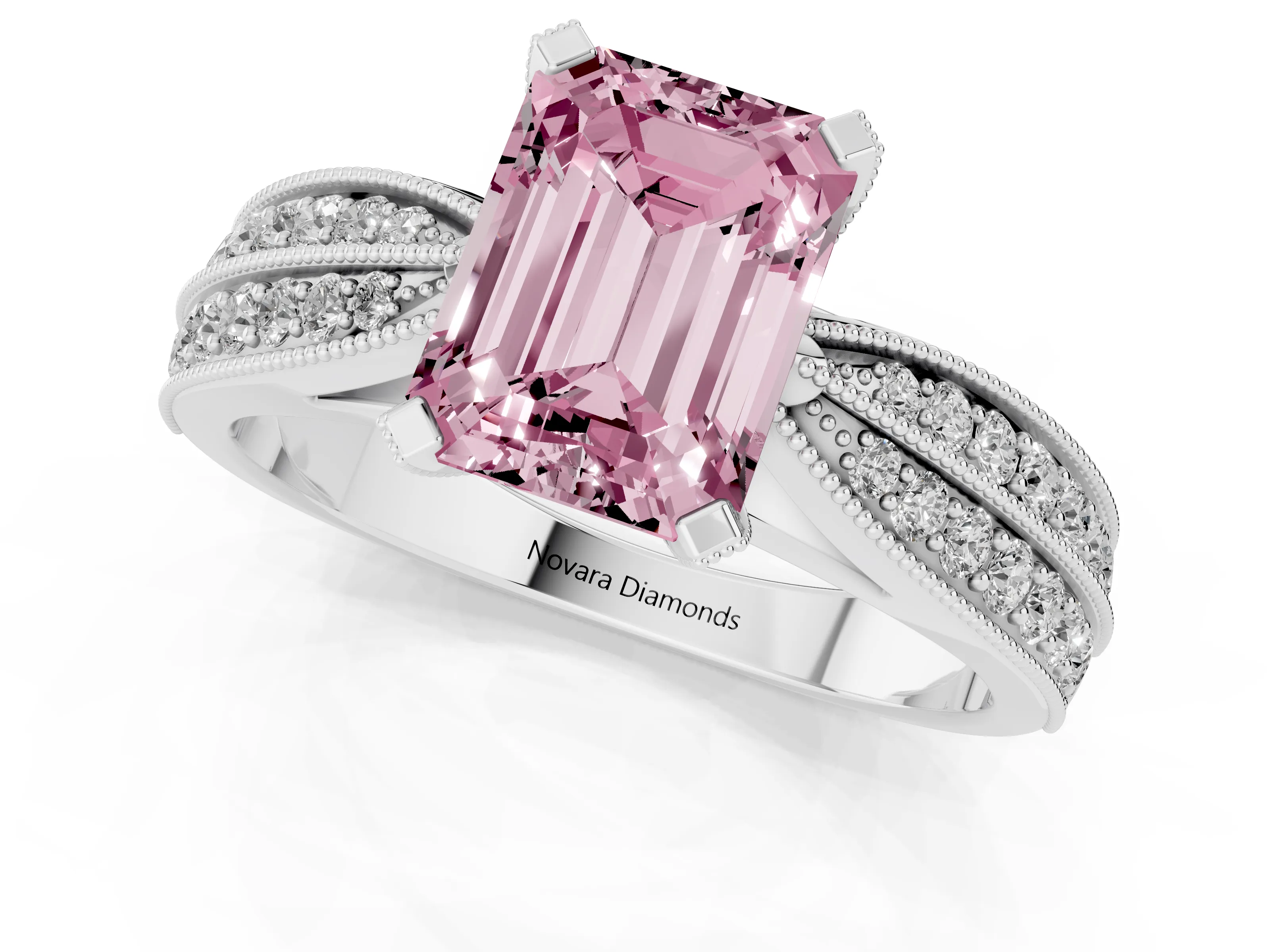 Fancy Pink Emerald Cut Diamond Solitaire Ring Set in Silver with Milgrain Double Row Round Pavé Band