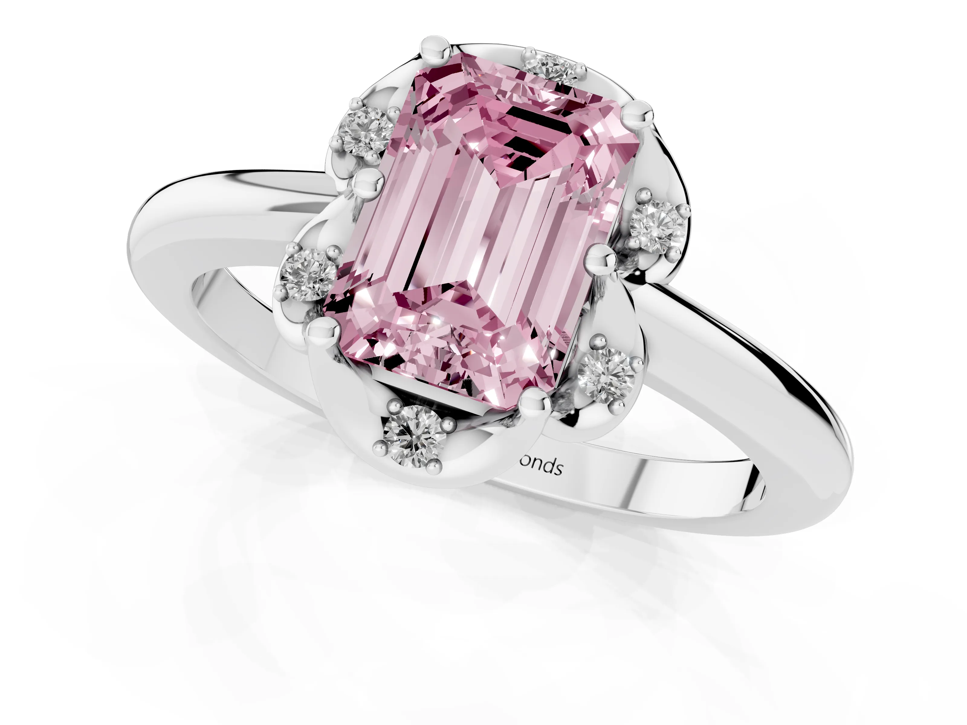 Fancy Pink Emerald Cut Diamond Round Cluster Halo Ring Set in Silver with Solitaire Band and Prong Setting