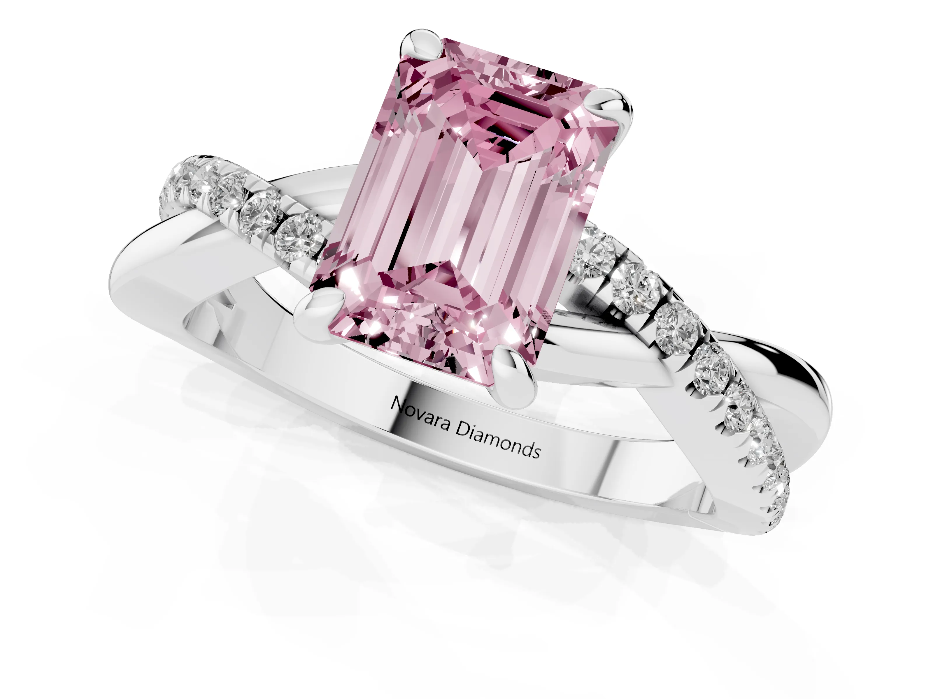 Fancy Pink Emerald Cut Diamond Twist Band Solitaire Set in White gold with Pavé Accents and Prong Setting