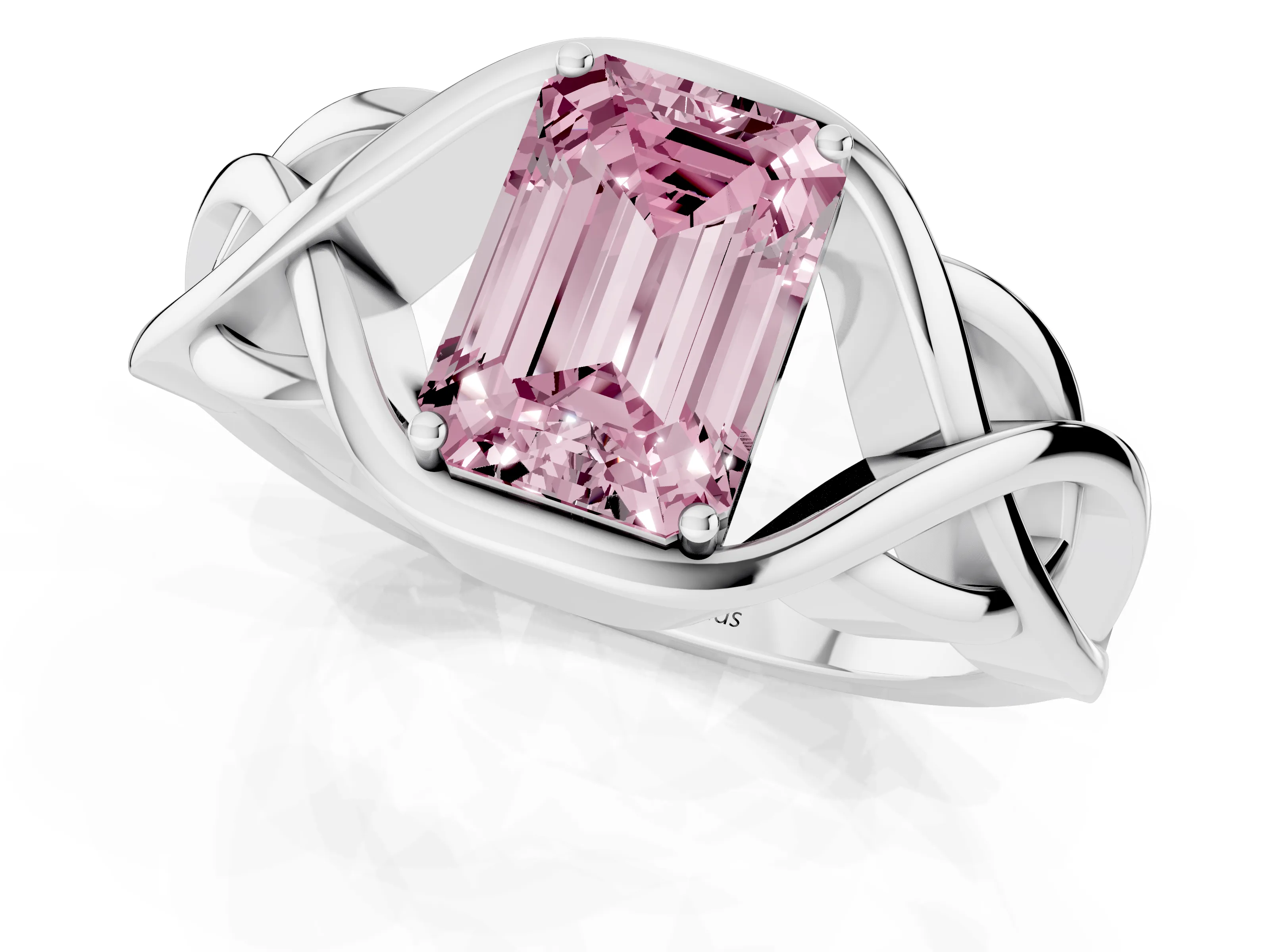 Fancy Pink Emerald Cut Diamond Solitaire Ring Set in Platinum with Intertwined Band