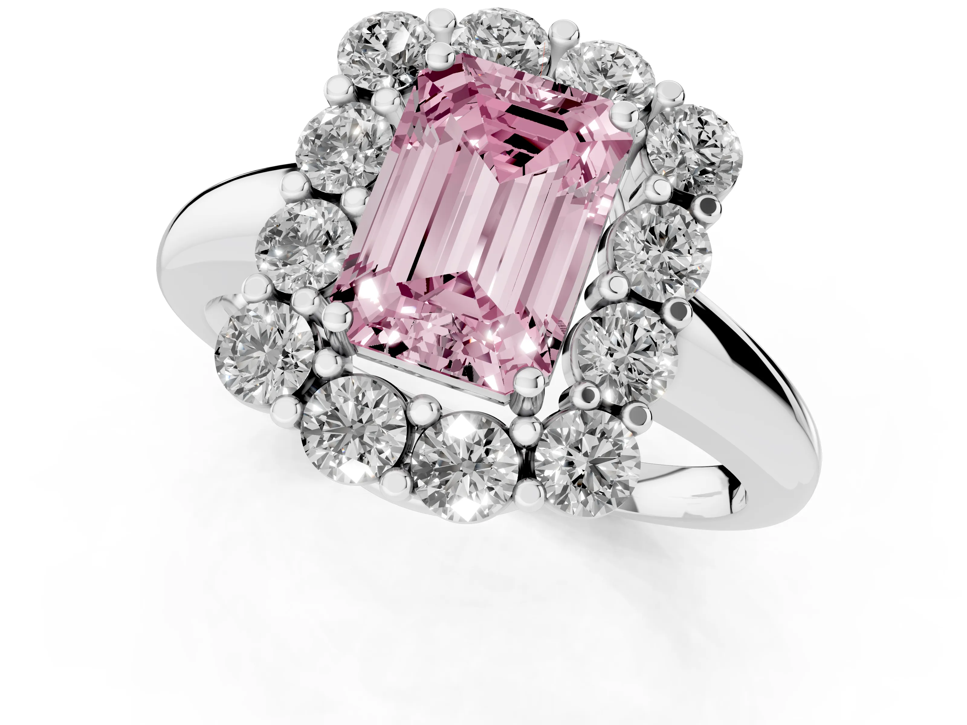 Fancy Pink Emerald Cut Diamond Halo Cluster Engagement Ring Set in White gold with Polished Band and Prong Setting