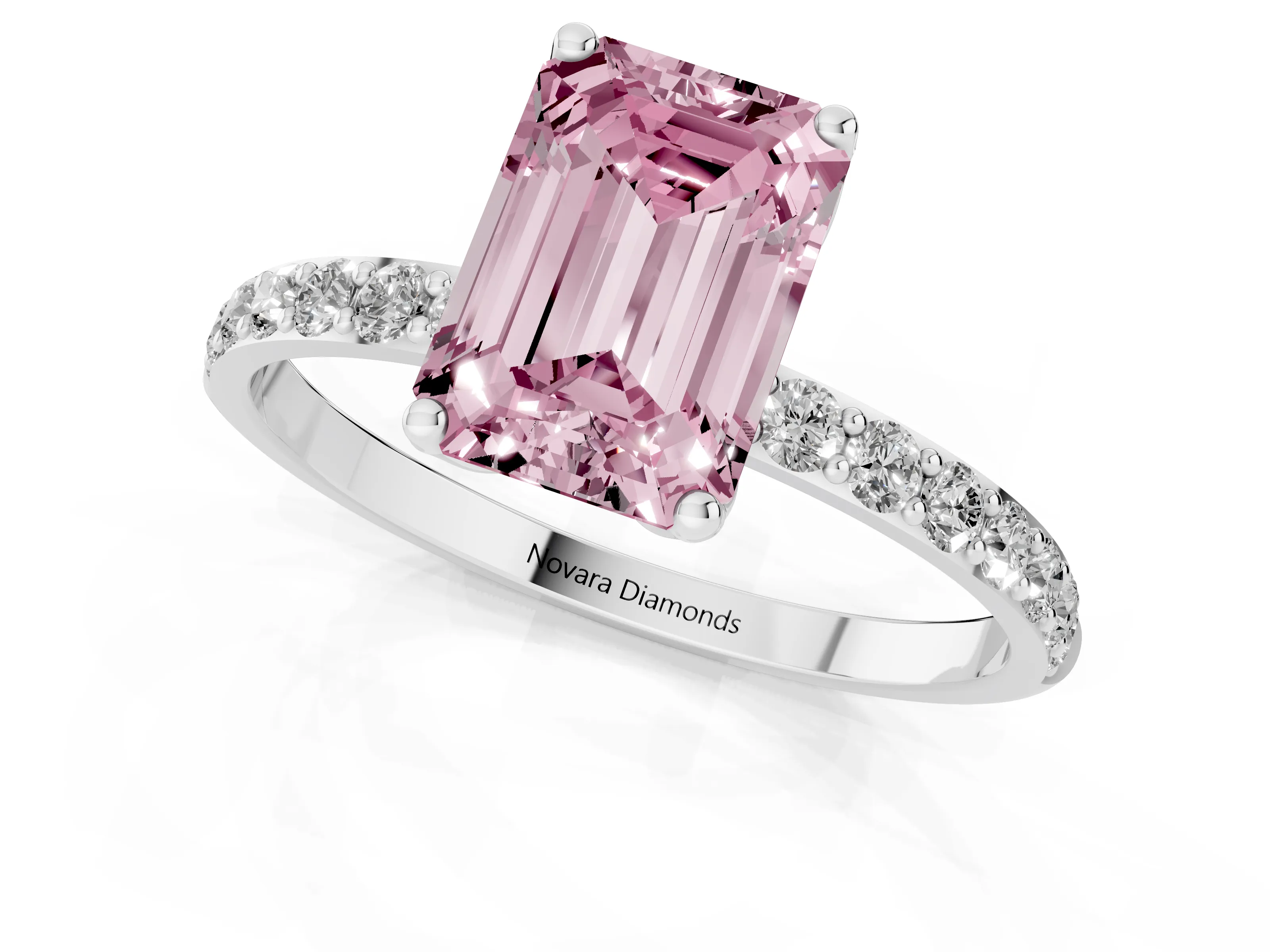 Fancy Pink Emerald Cut Diamond Solitaire Engagement Ring Set in Platinum with Round Pavé Band and Prong Setting