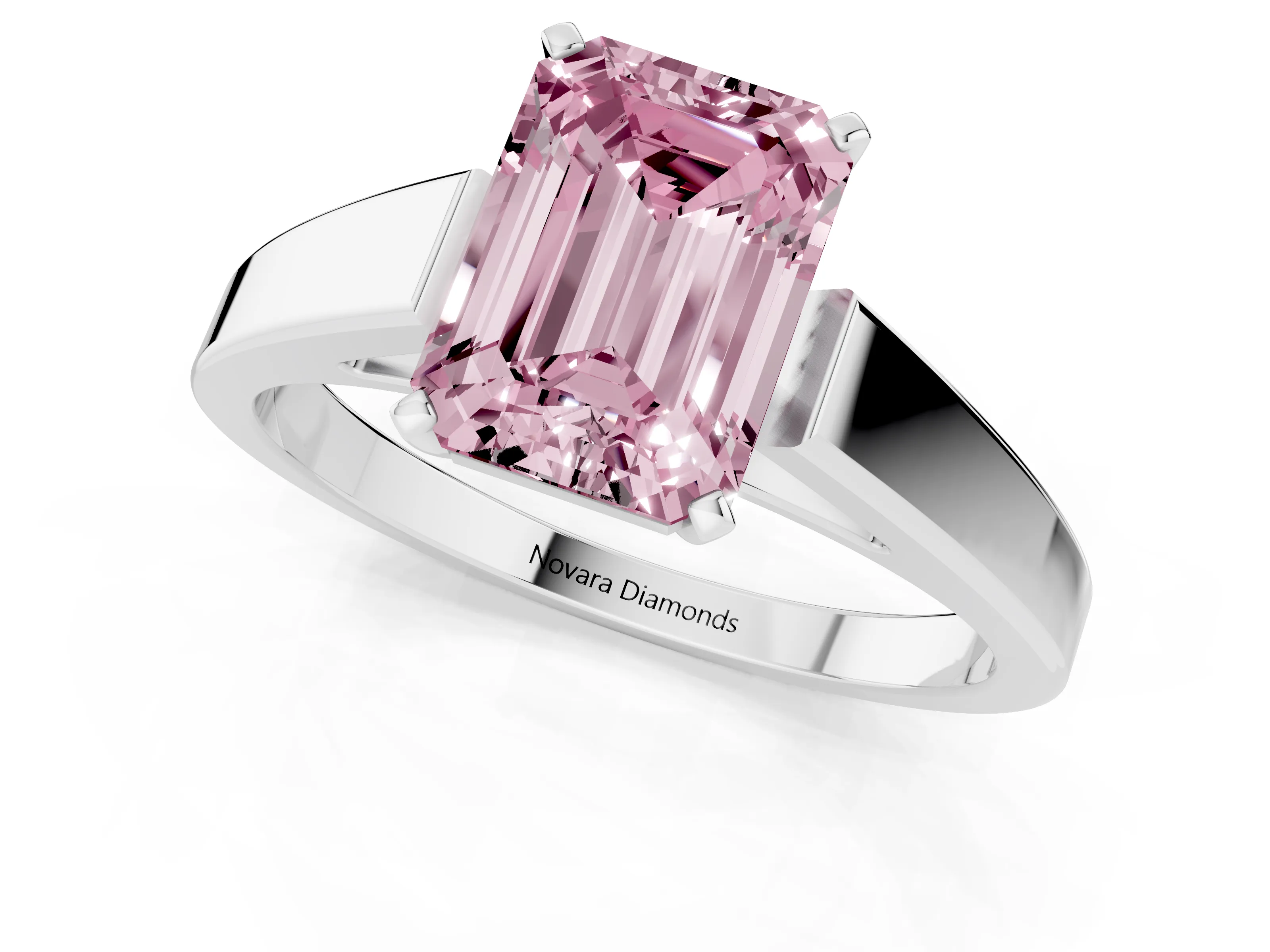 Fancy Pink Emerald Cut Diamond Solitaire Engagement Ring Set in White gold with Prong Setting and Tapered Band