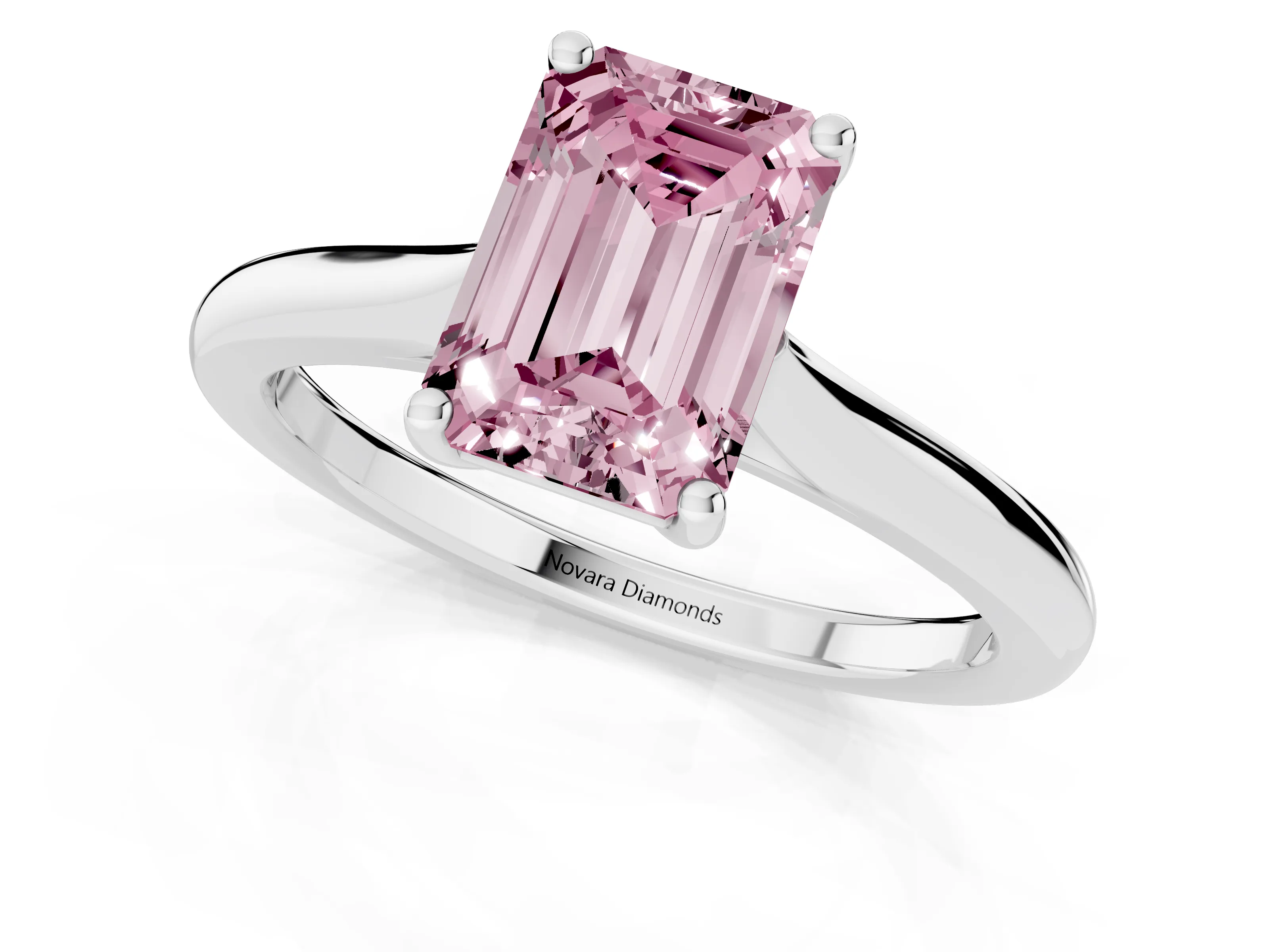 Fancy Pink Emerald Cut Diamond Solitaire Ring Set in White gold with Cathedral Band and Prong Setting