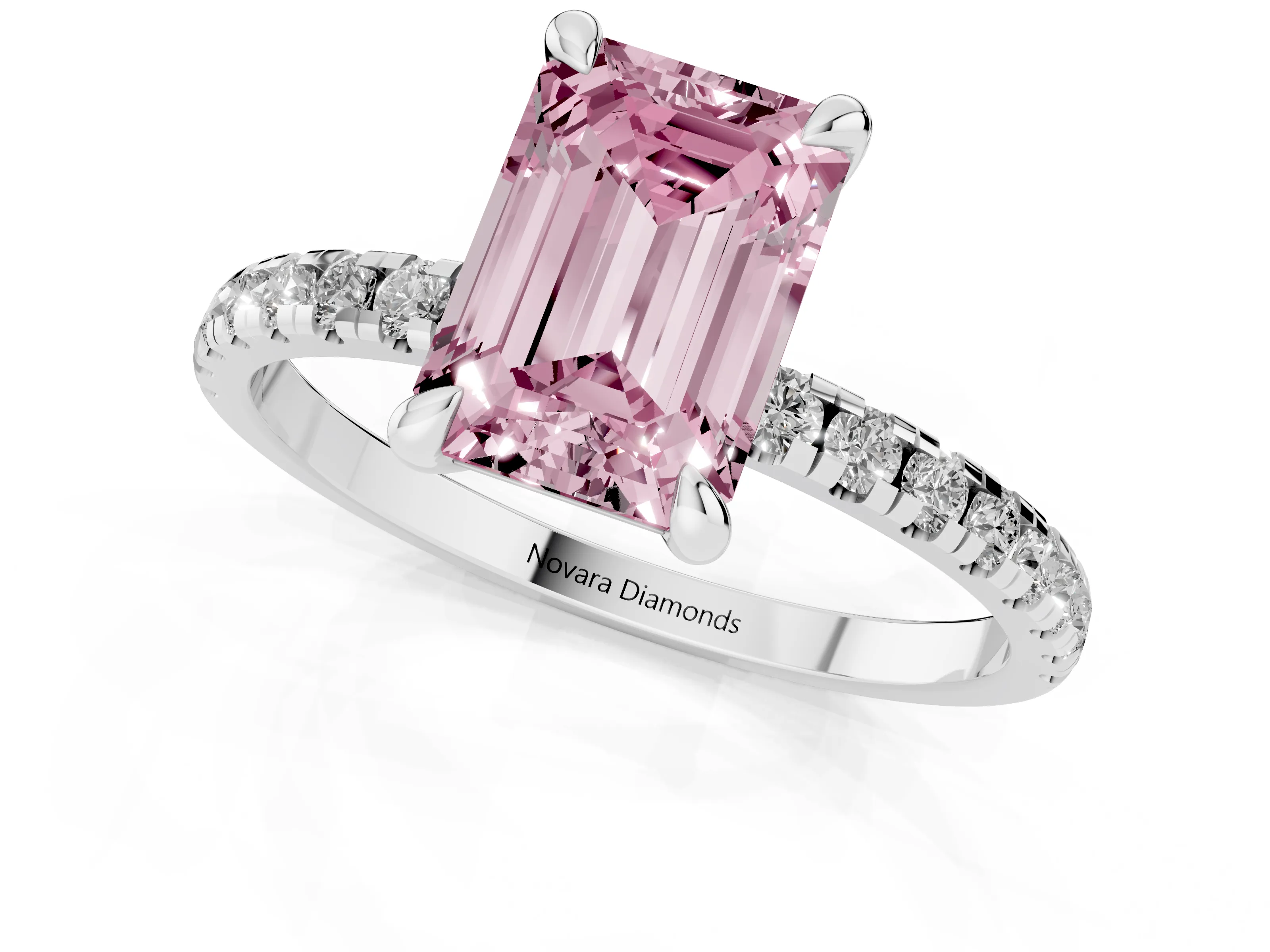 Fancy Pink Emerald Cut Diamond Brilliant Solitaire Ring Set in White gold with Pavé Band and Prong Setting