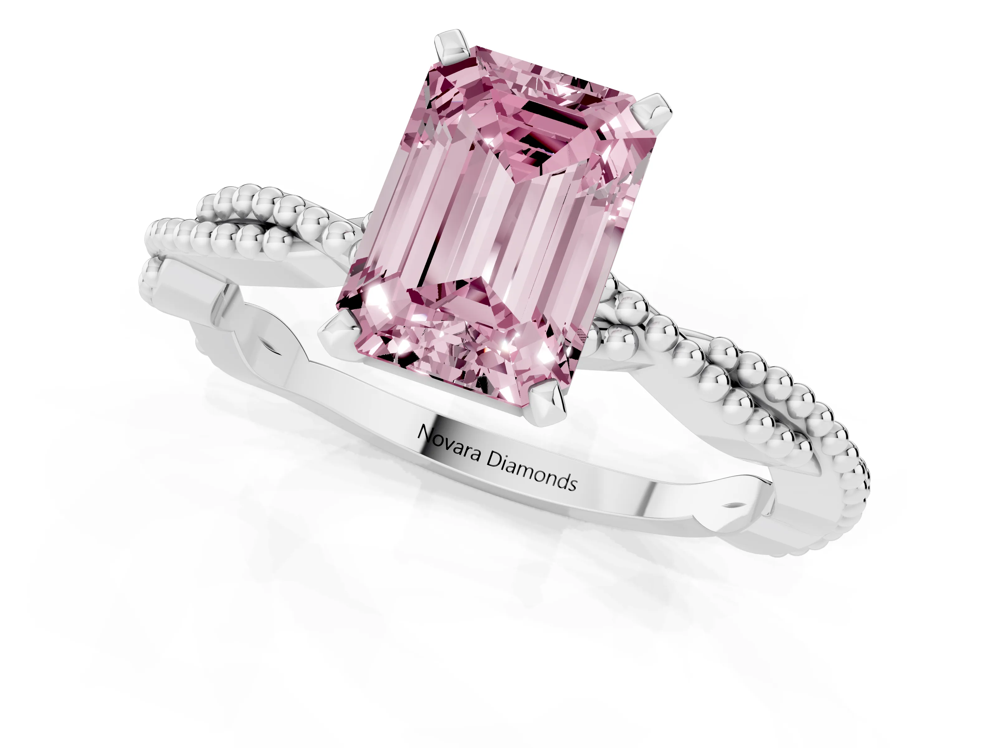 Fancy Pink Emerald Cut Diamond Solitaire Ring Set in Platinum with Twisted Band and Bead Prong Setting