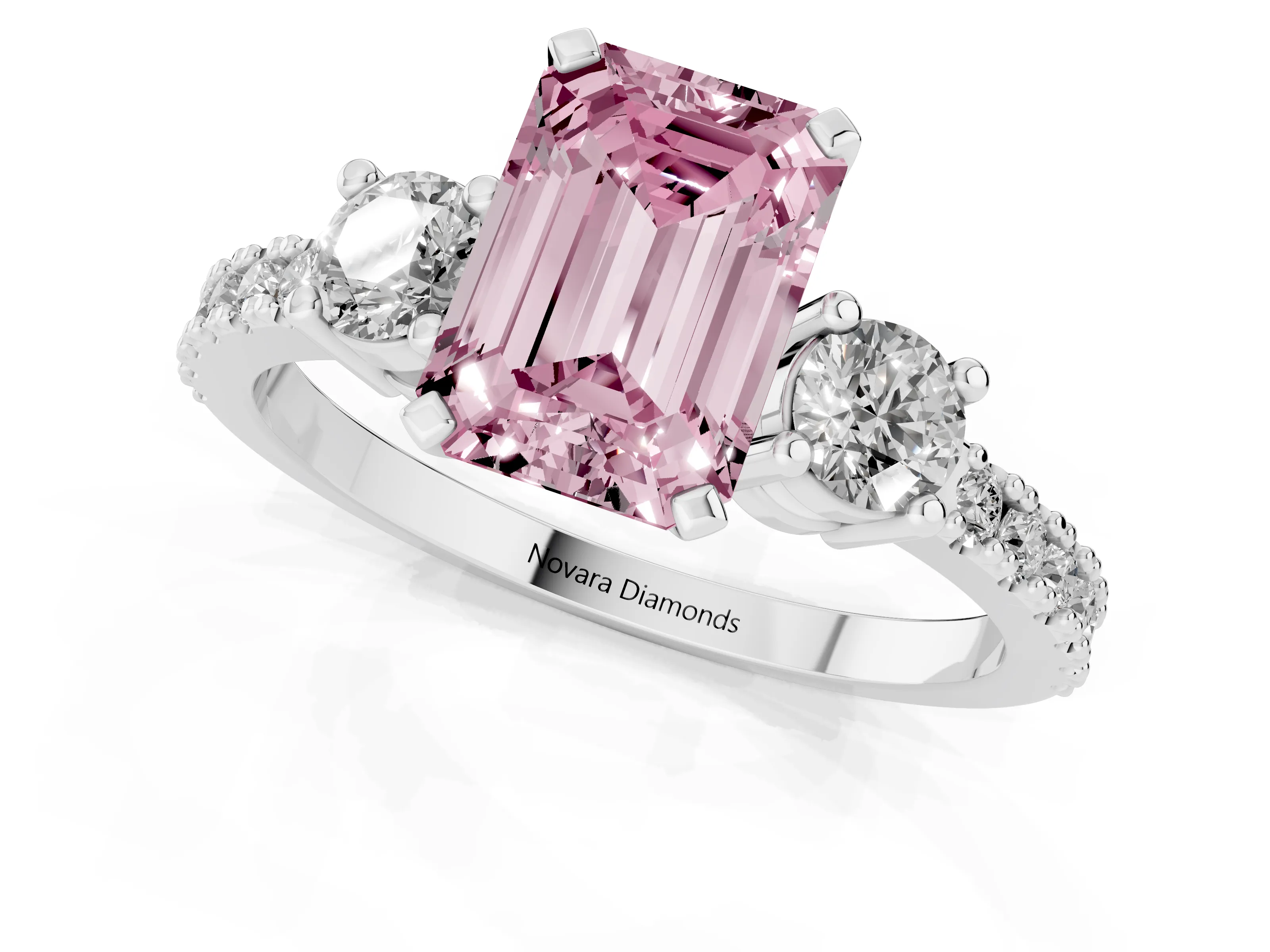 Fancy Pink Three-Stone Emerald Cut Diamond Pavé Band Ring Set in Platinum with Prong Setting