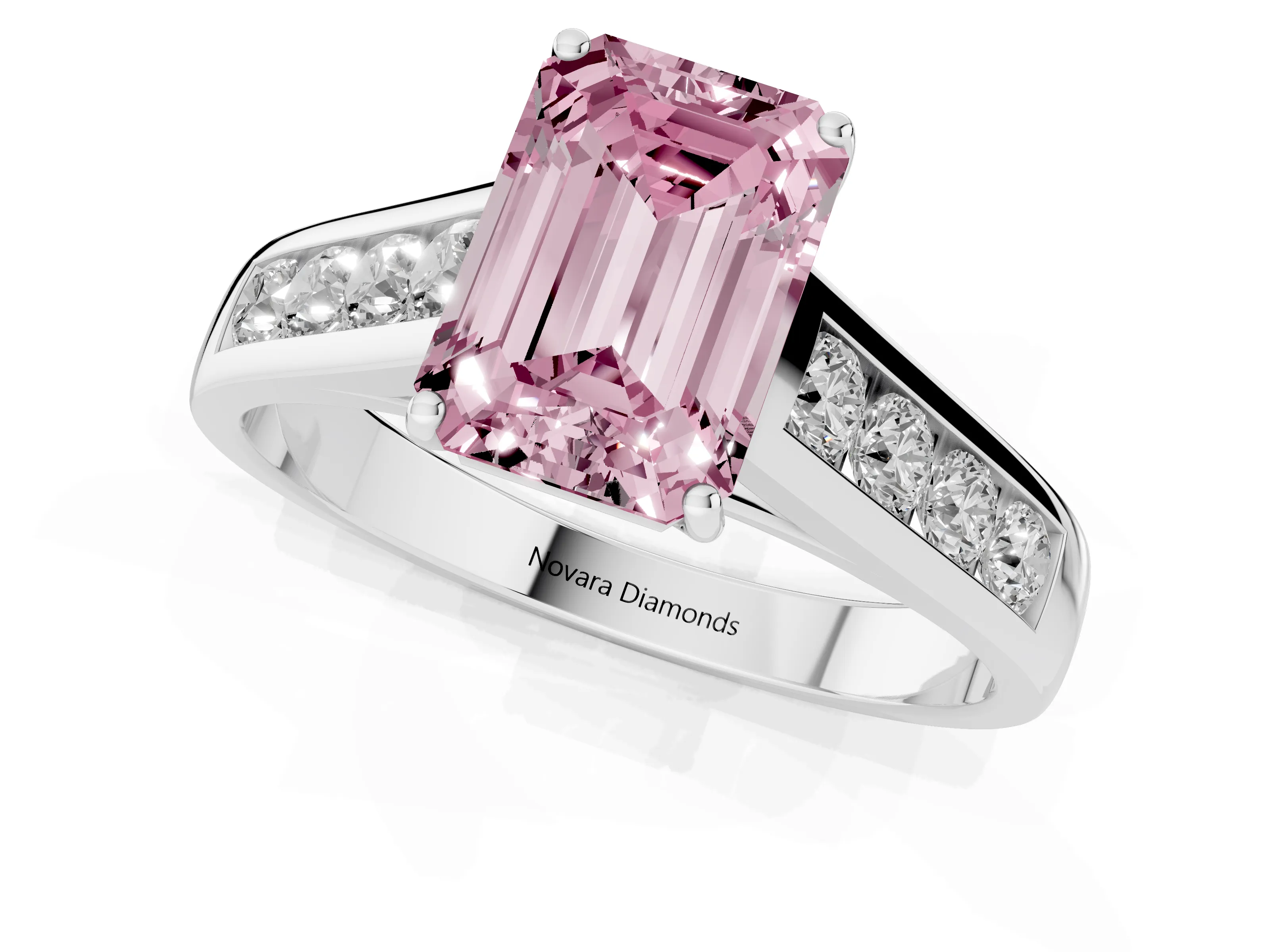 Fancy Pink Emerald Cut Diamond Brilliant Channel-Set Solitaire Ring Set in White gold with Prong Setting
