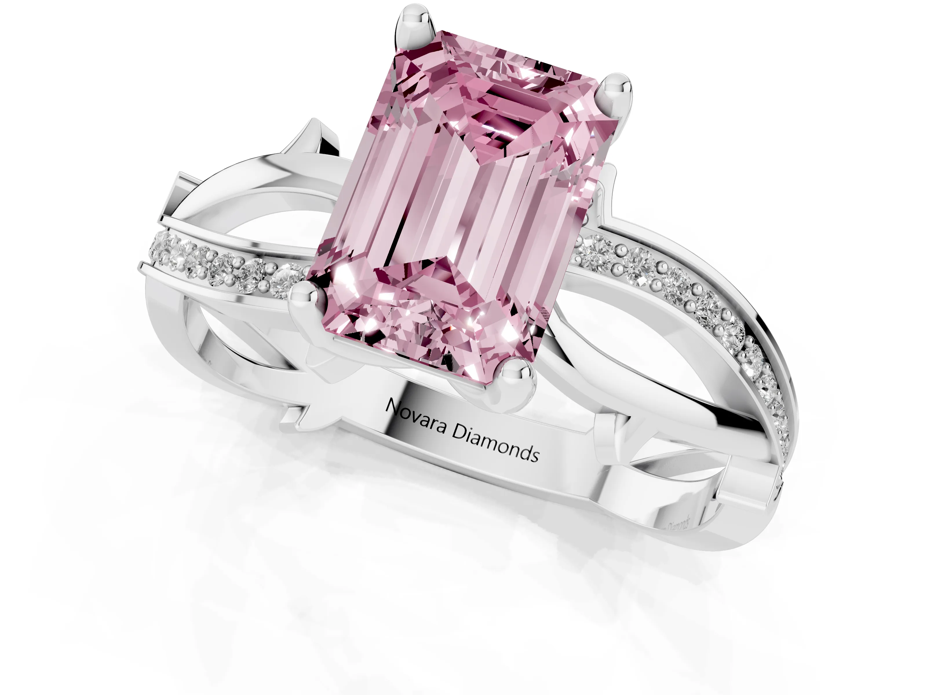 Fancy Pink Emerald Cut Diamond Pavé Twist Band Solitaire Ring Set in Platinum with Prong Setting
