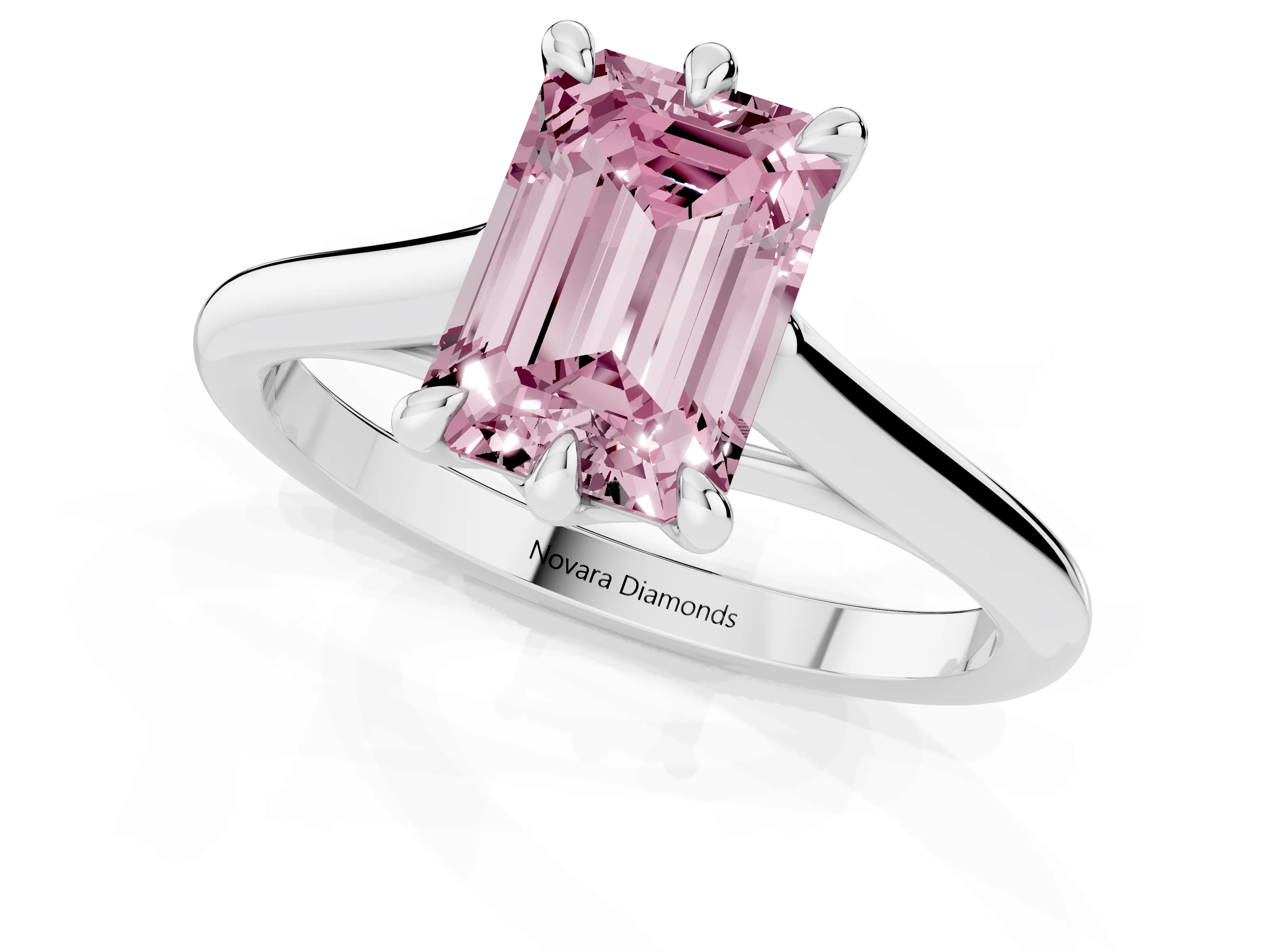 Fancy Pink Emerald Cut Diamond Solitaire Engagement Ring Set in Silver with Prong Setting and Plain Classic Band
